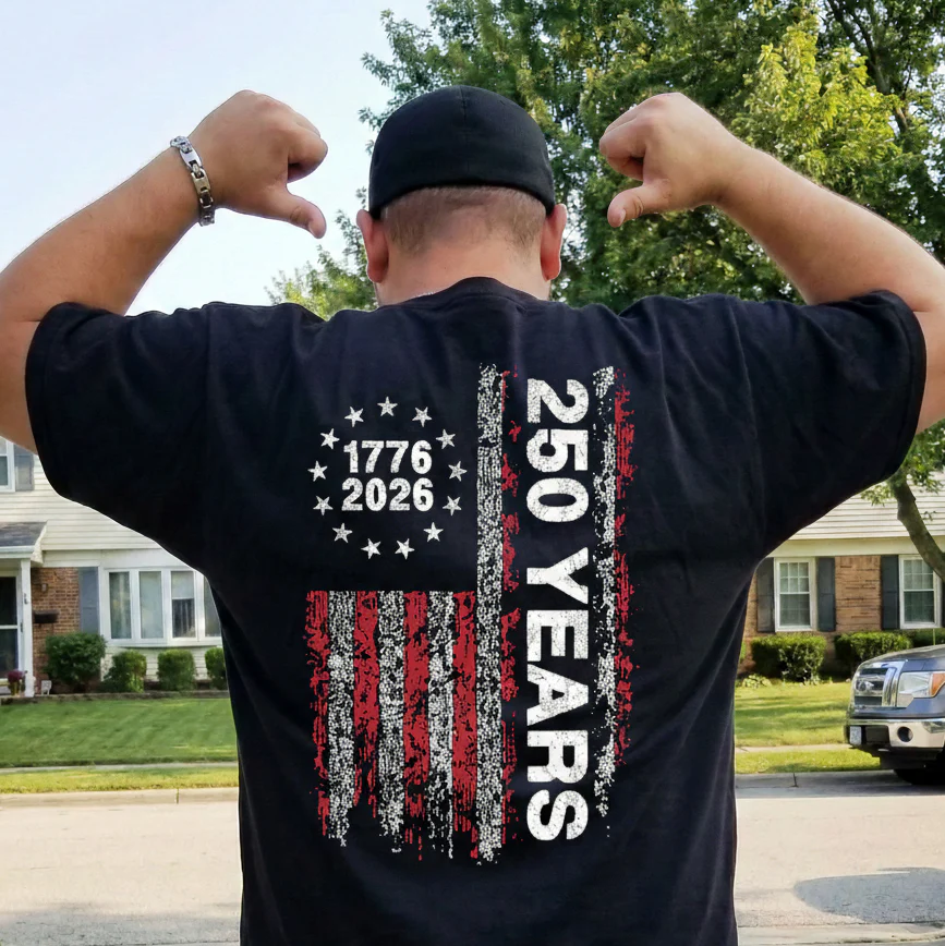 250 Years Distressed USA Flag - Back Printed Shirt - Image 2