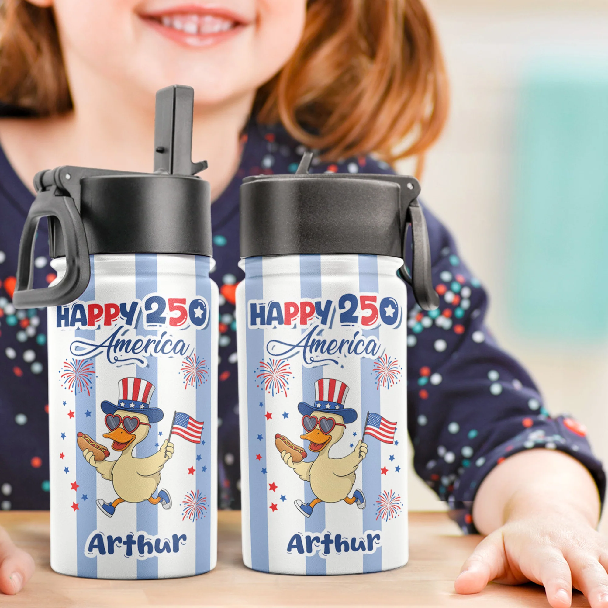 250 Years Of Freedom Kids Custom Name Patriotic Goose - Personalized Water Bottle - Image 4