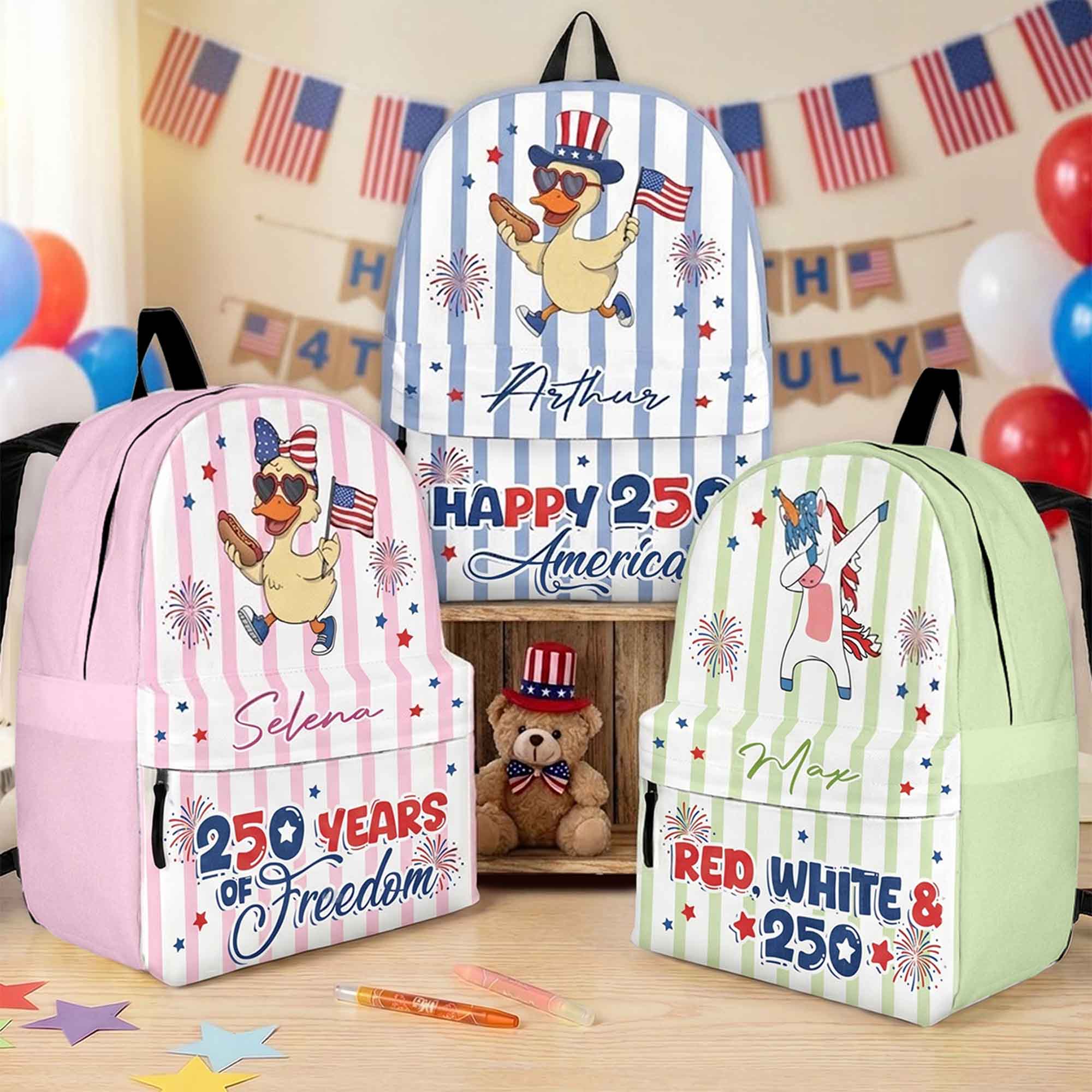 250 Years Of Freedom Kids Custom Name Patriotic Goose, Racoon - Personalized Backpack - Image 2