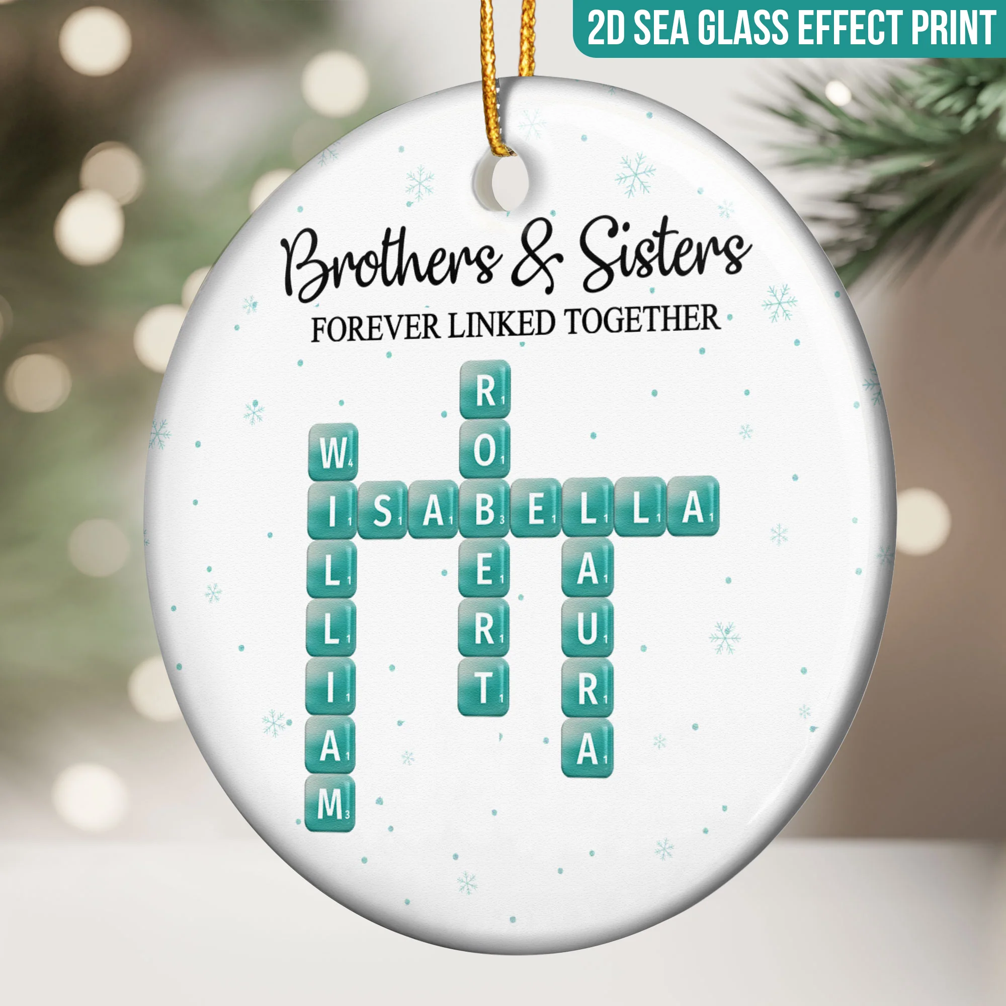 2D Sea Glass Effect Printed Brothers Sisters Forever Linked Together - Personalized Ceramic Ornament - Image 2