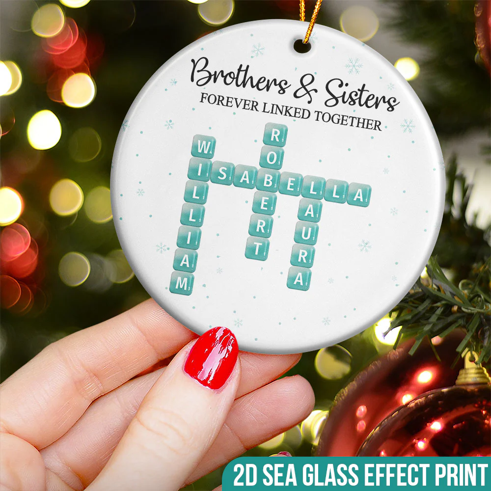2D Sea Glass Effect Printed Brothers Sisters Forever Linked Together - Personalized Ceramic Ornament - Image 3