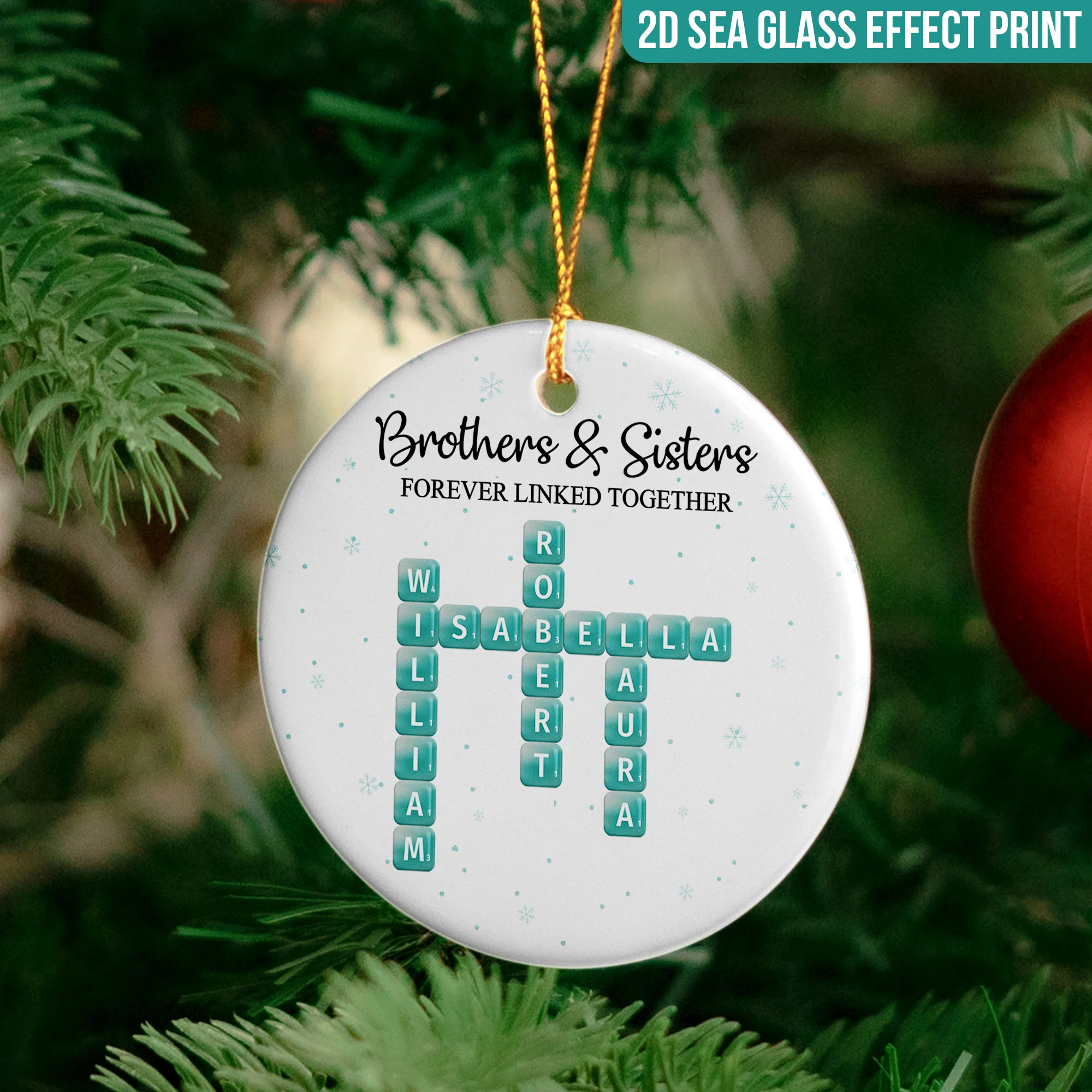 2D Sea Glass Effect Printed Brothers Sisters Forever Linked Together - Personalized Ceramic Ornament - Image 4