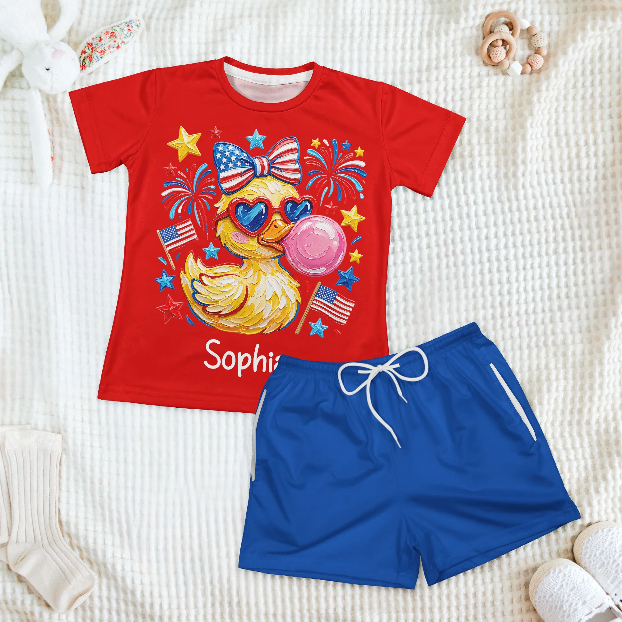 4th Of July Patriotic Kids Duck Usa Fireworks Flag - Personalized Kids Clothing Set - Image 2
