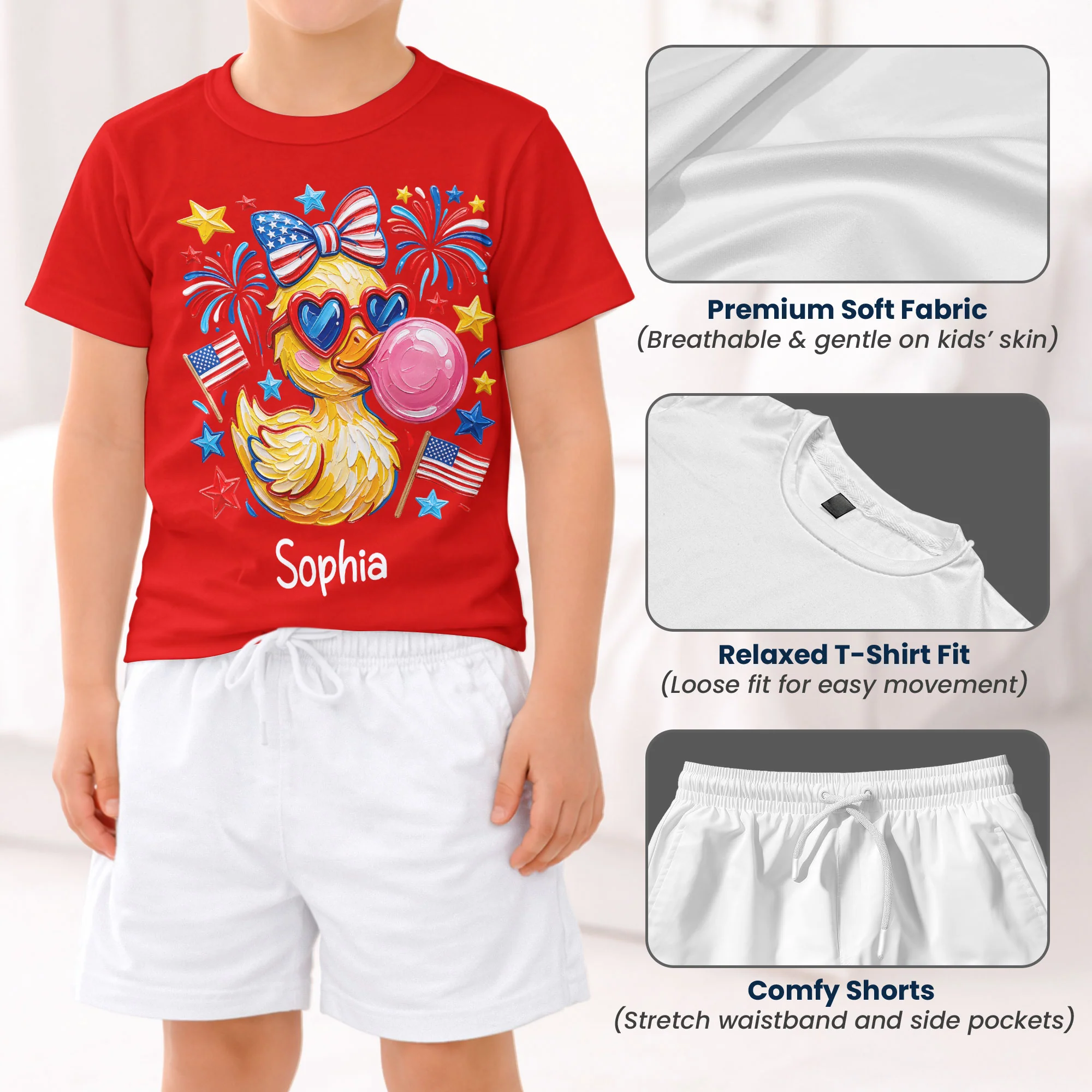 4th Of July Patriotic Kids Duck Usa Fireworks Flag - Personalized Kids Clothing Set - Image 6