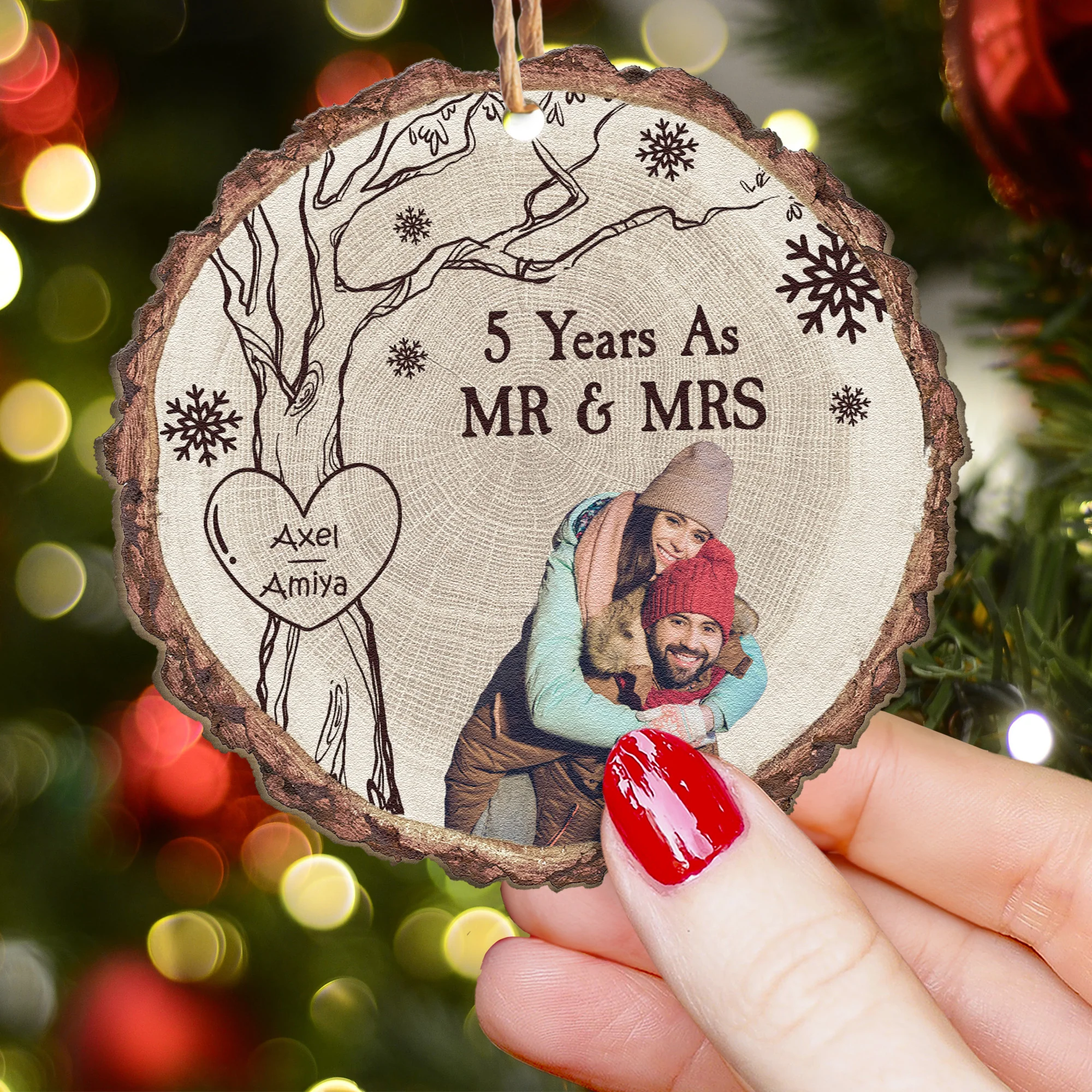 5th Anniversary As Mr & Mrs Christmas Gift - Personalized Wooden Photo Ornament - Image 4