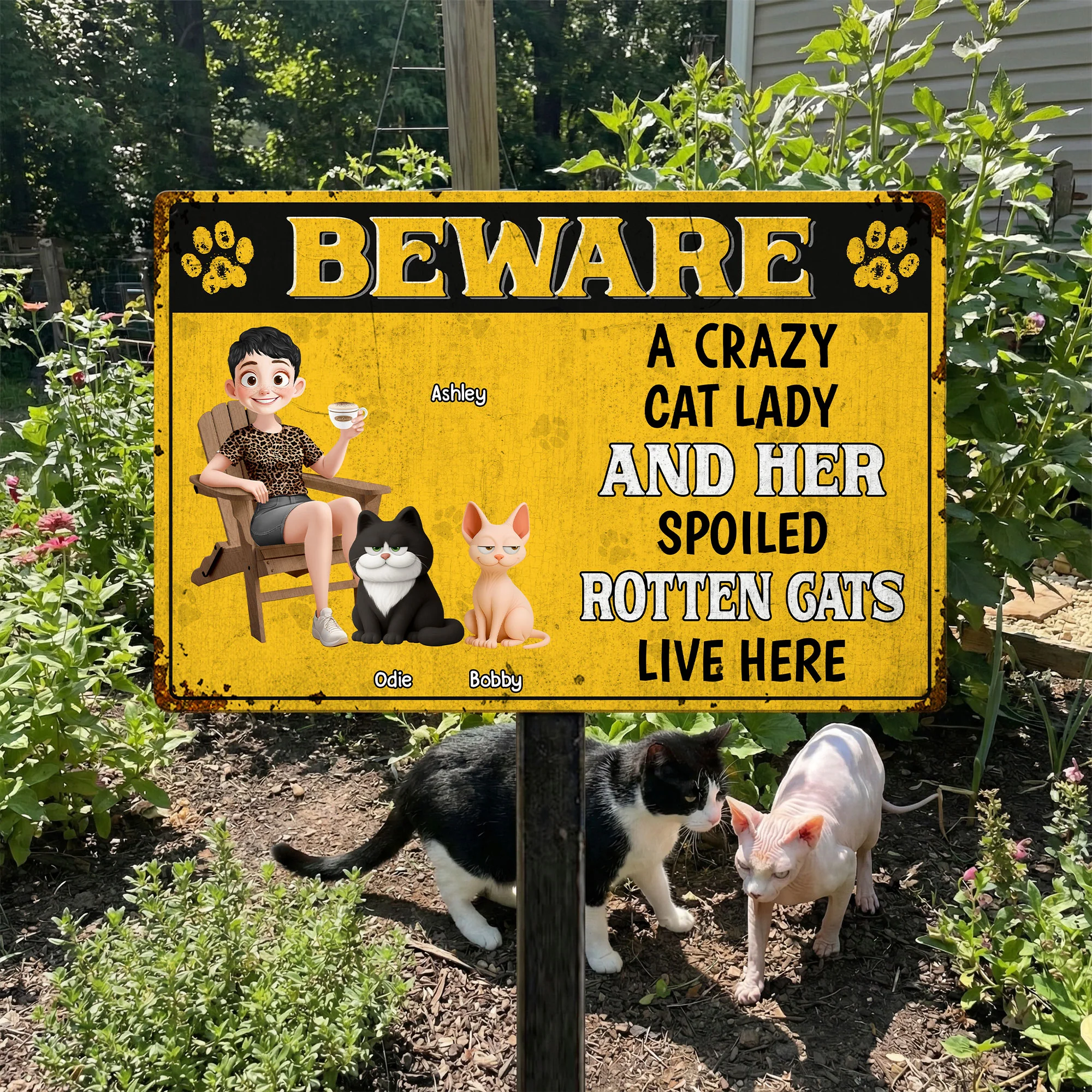A Crazy Cat Lady & Her Spoiled Rotten Cats Live Here - Personalized Metal Sign - Image 3