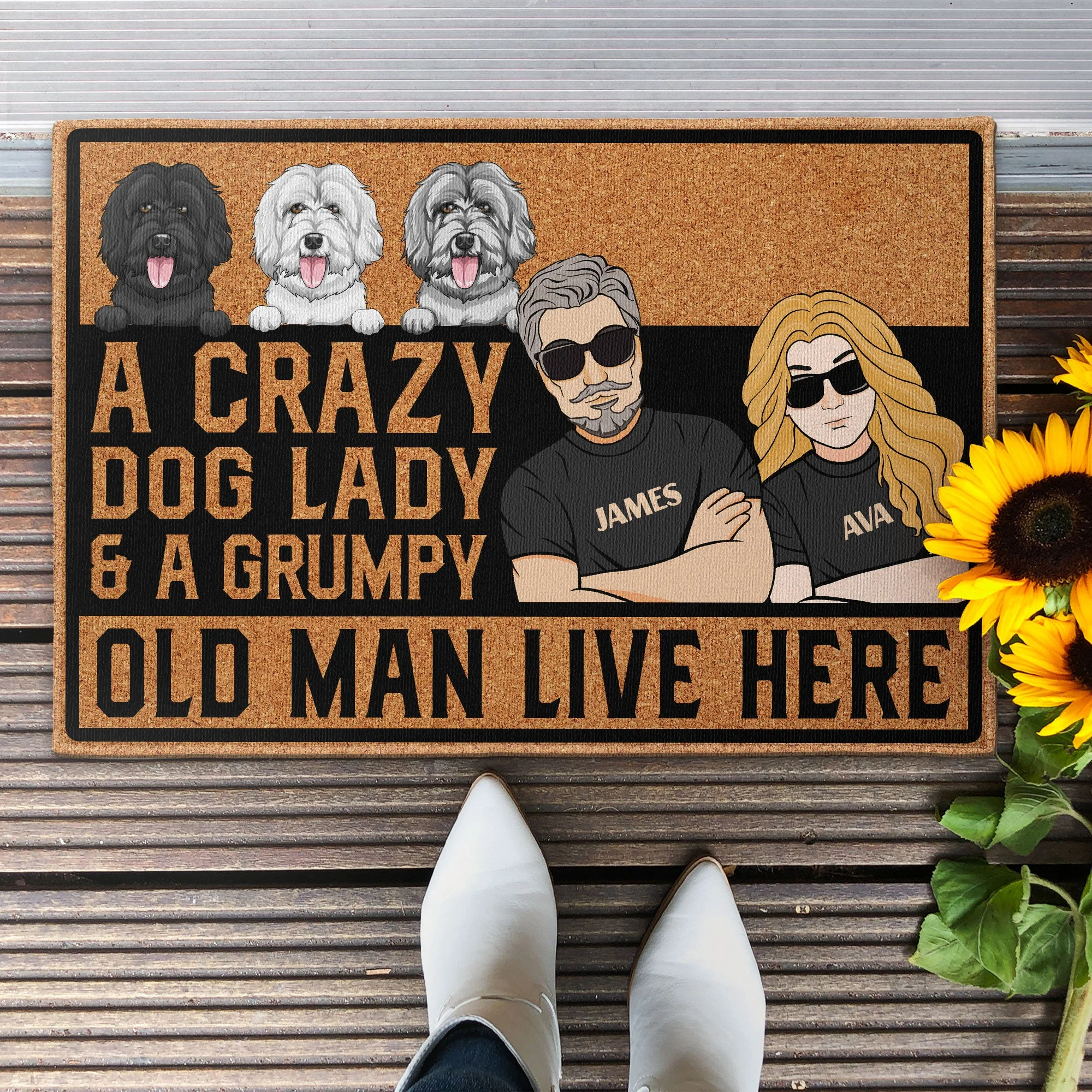 A Crazy Dog Lady And A Grumpy Old Man Live Here - Personalized Doormat - Image 2