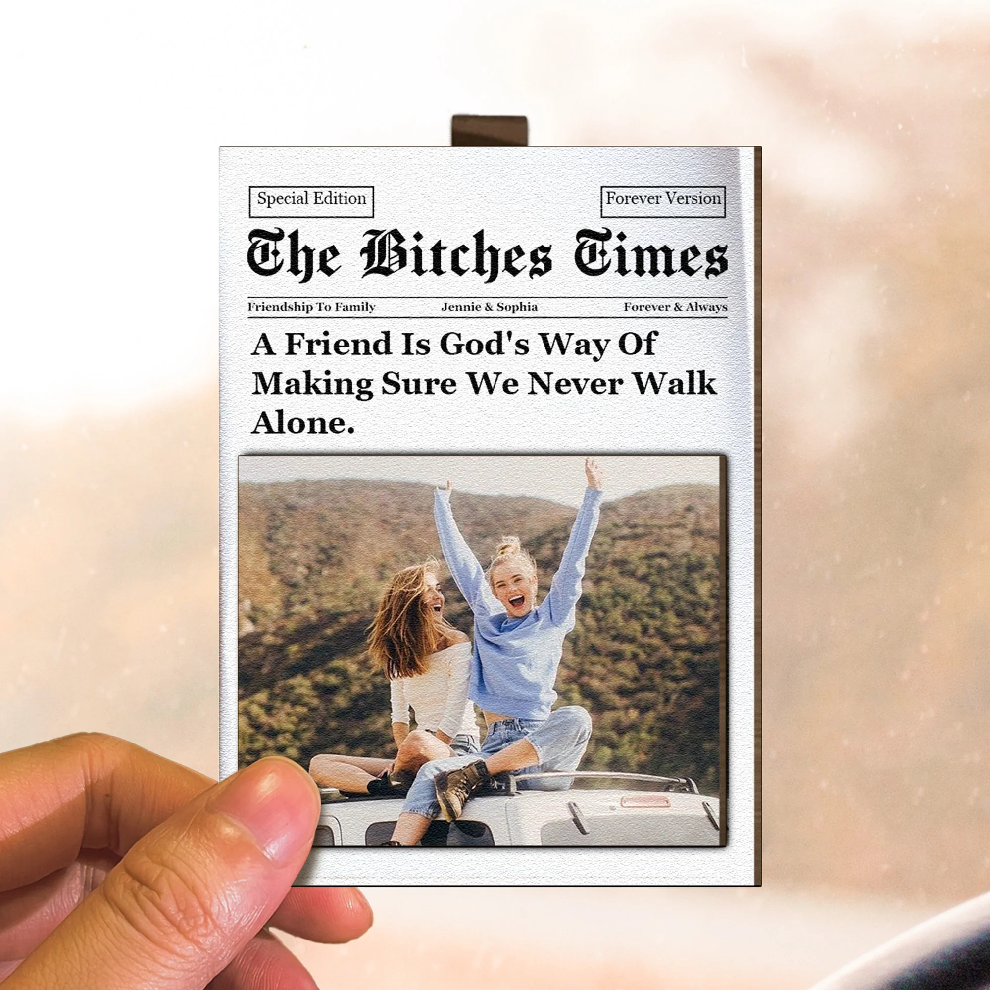 A Friend Is God's Way Of Making Sure We Never Walk Alone - Personalized Wooden Photo Car Visor Clip - Image 4
