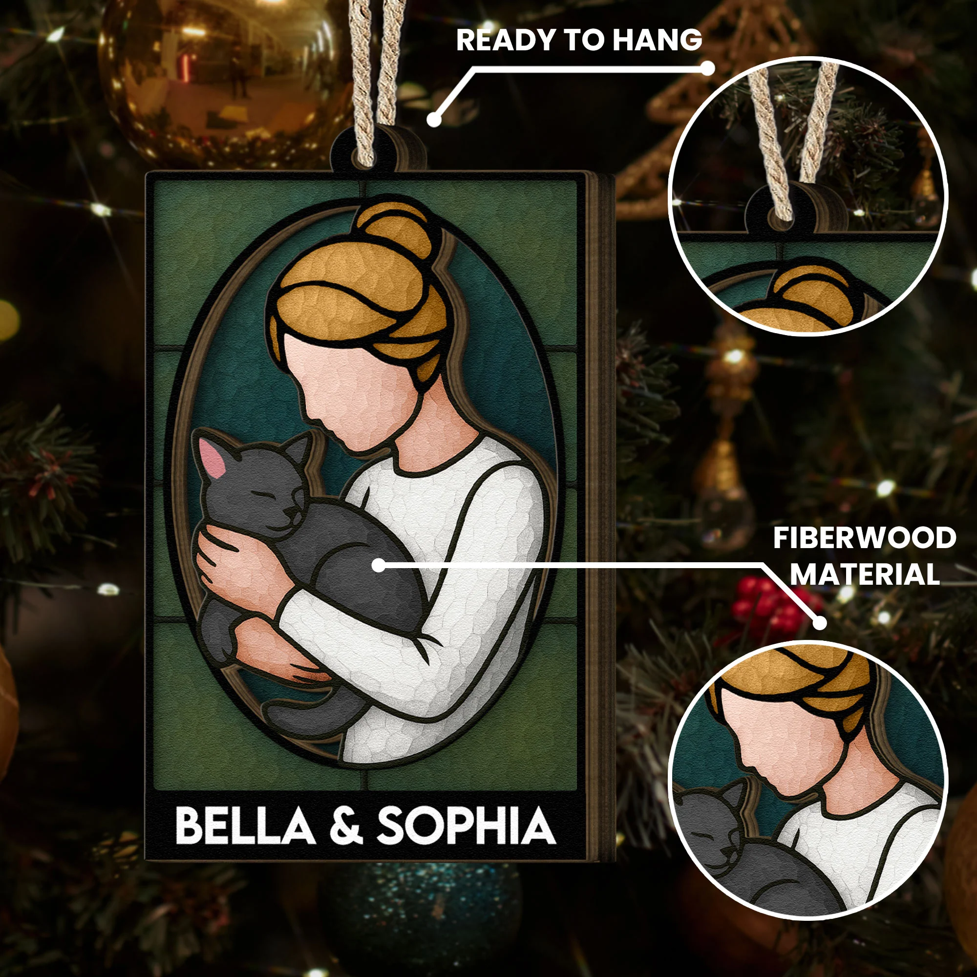 A Girl And Her Cat - Personalized Wooden Ornament - Image 5