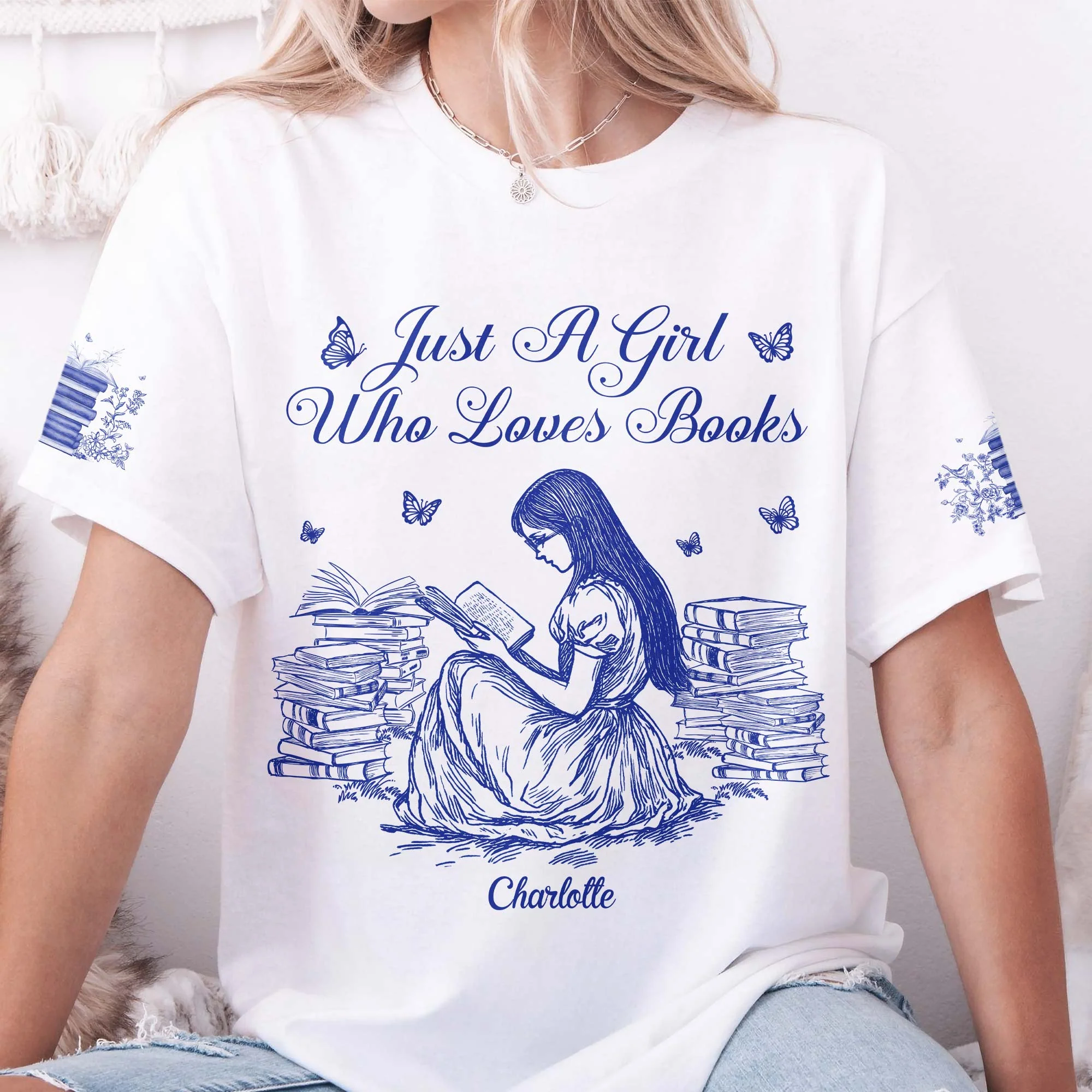 A Girl Who Loves Books, Custom Favorite Book Toile De Jouy - Personalized Shirt - Image 2