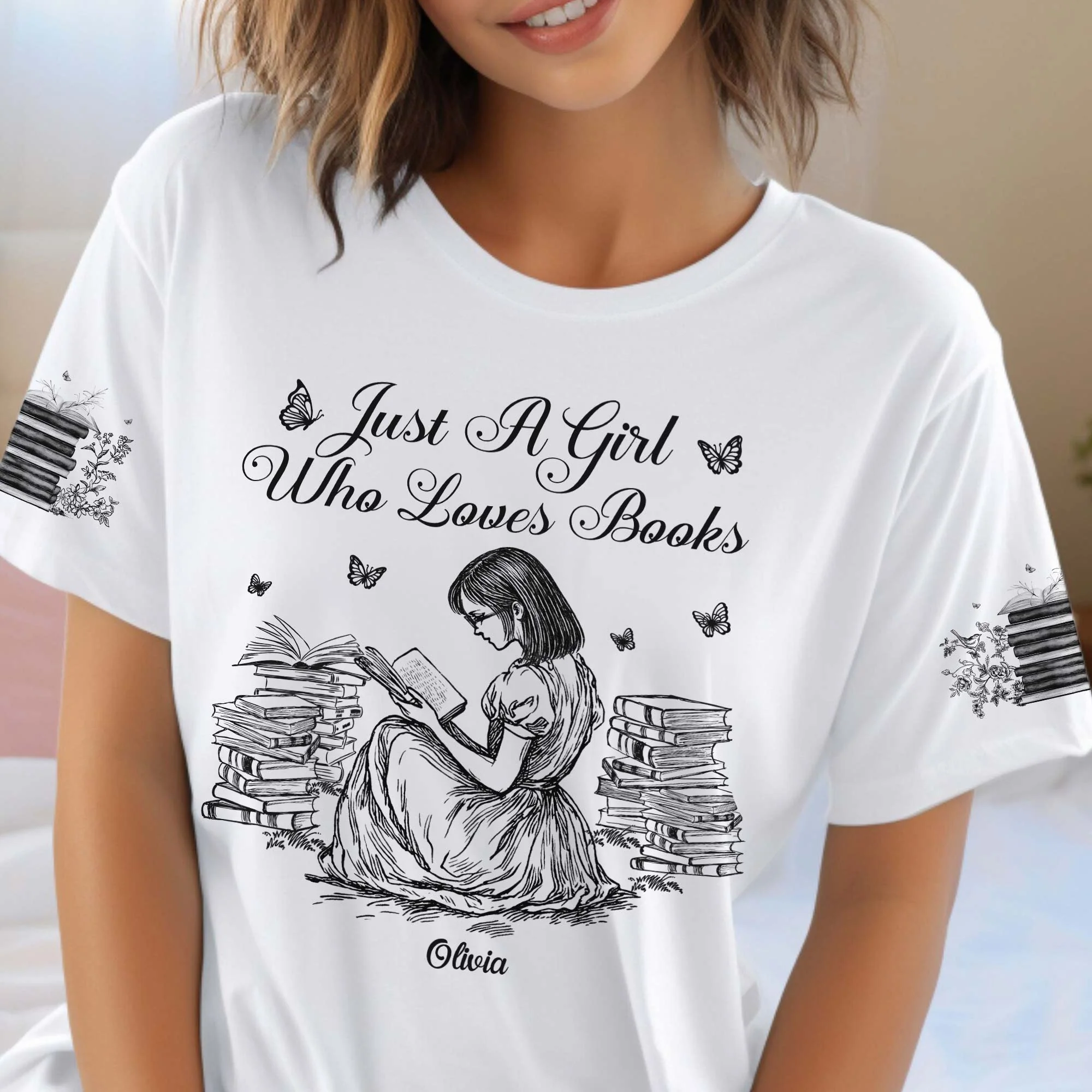 A Girl Who Loves Books, Custom Favorite Book Toile De Jouy - Personalized Shirt - Image 4