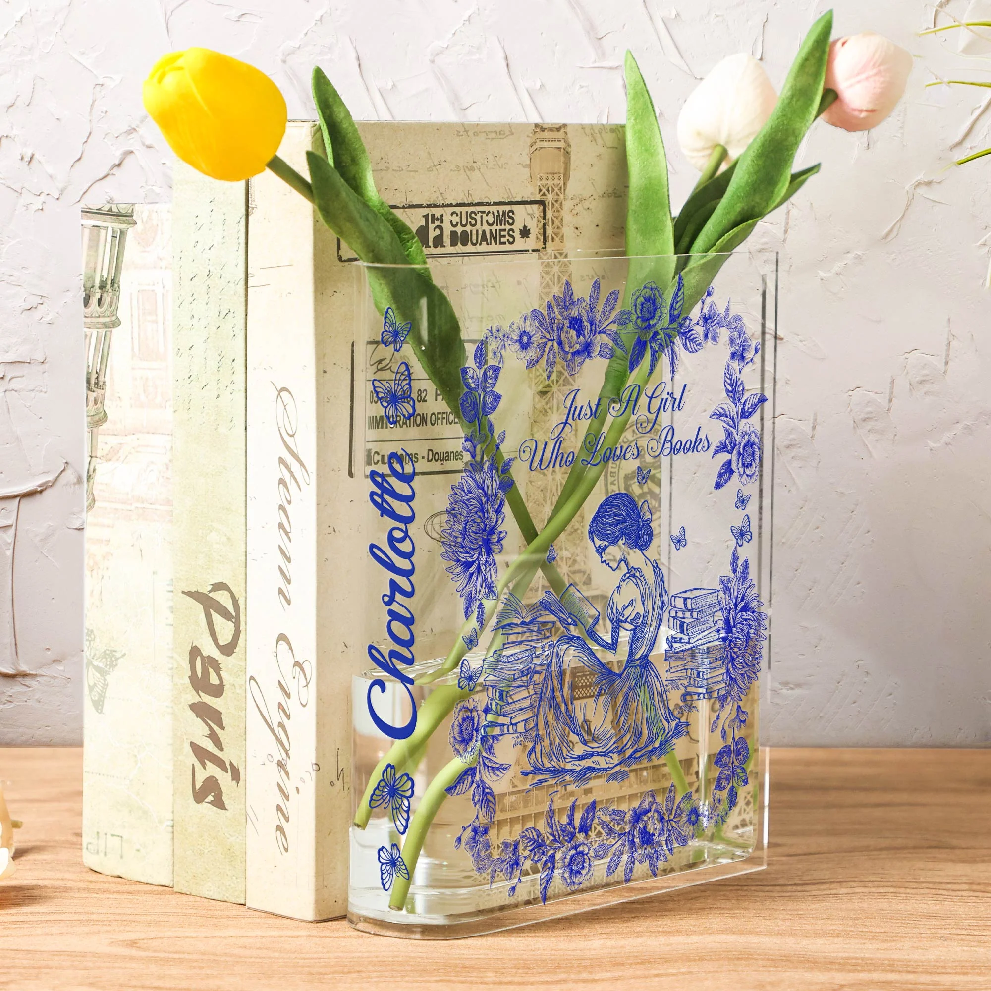 A Girl Who Loves Books Toile De Jouy - Personalized Acrylic Book Vase - Image 6