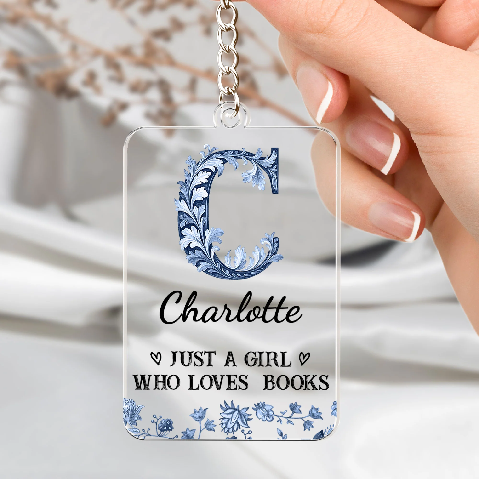 A Girl Who Loves Books Toile De Jouy - Personalized Acrylic Bookmark And Keychain Set - Image 4