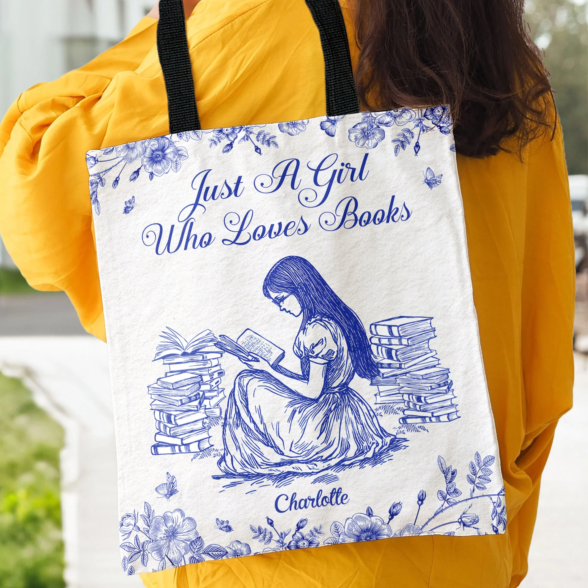 A Girl Who Loves Books Toile De Jouy - Personalized Tote Bag - Image 4