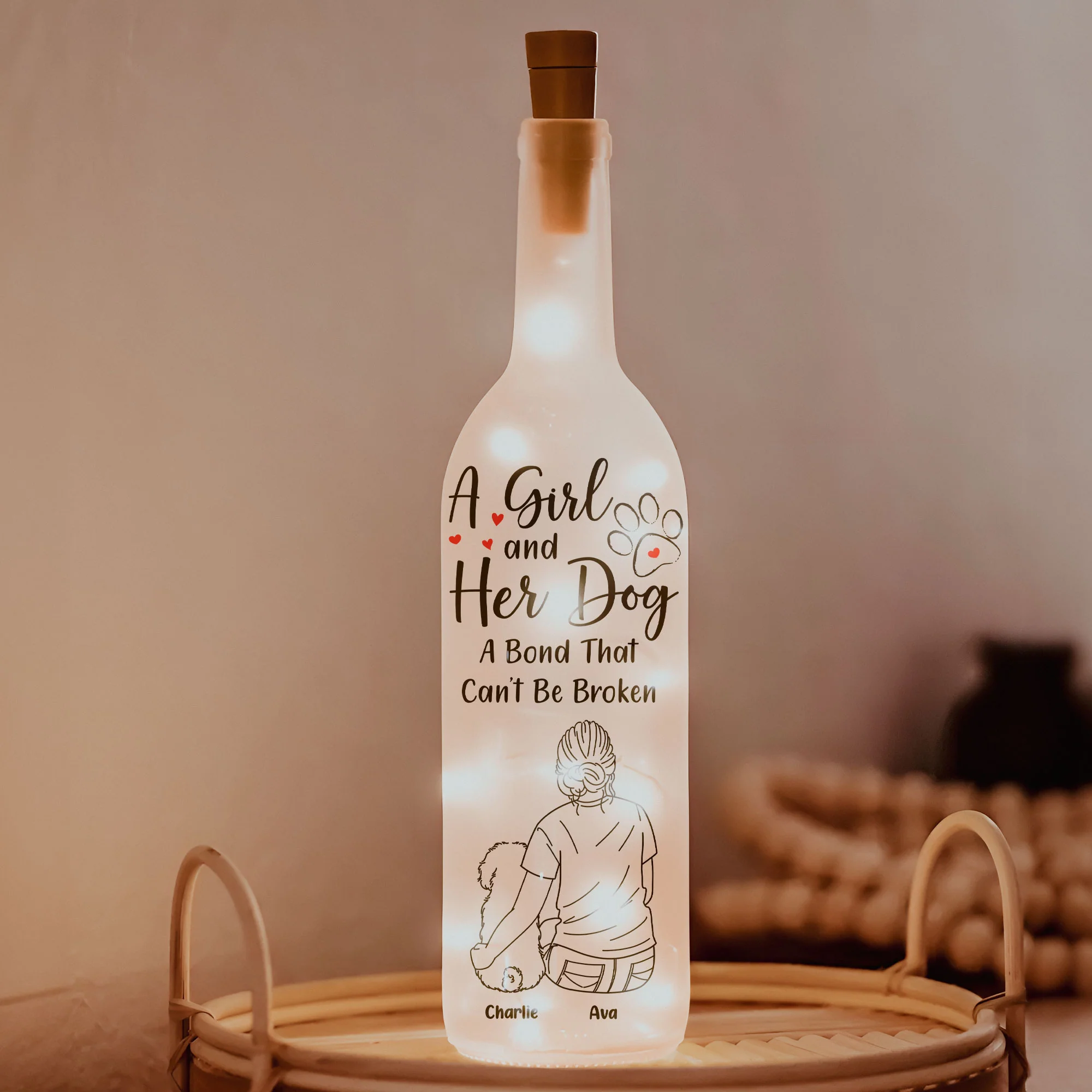 A Girl With Her Dog - Personalized Bottle Lamp - Image 3