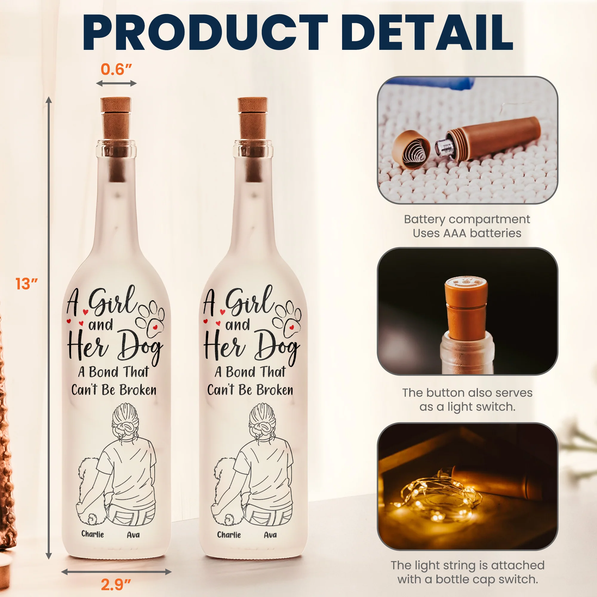 A Girl With Her Dog - Personalized Bottle Lamp - Image 4