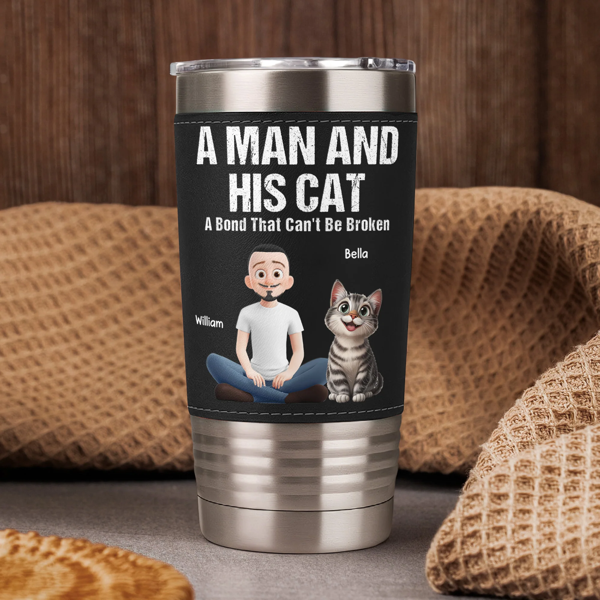 A Man And His Cat A Bond That Can't Be Broken - Personalized 20oz Leather Wrapped Tumbler - Image 4