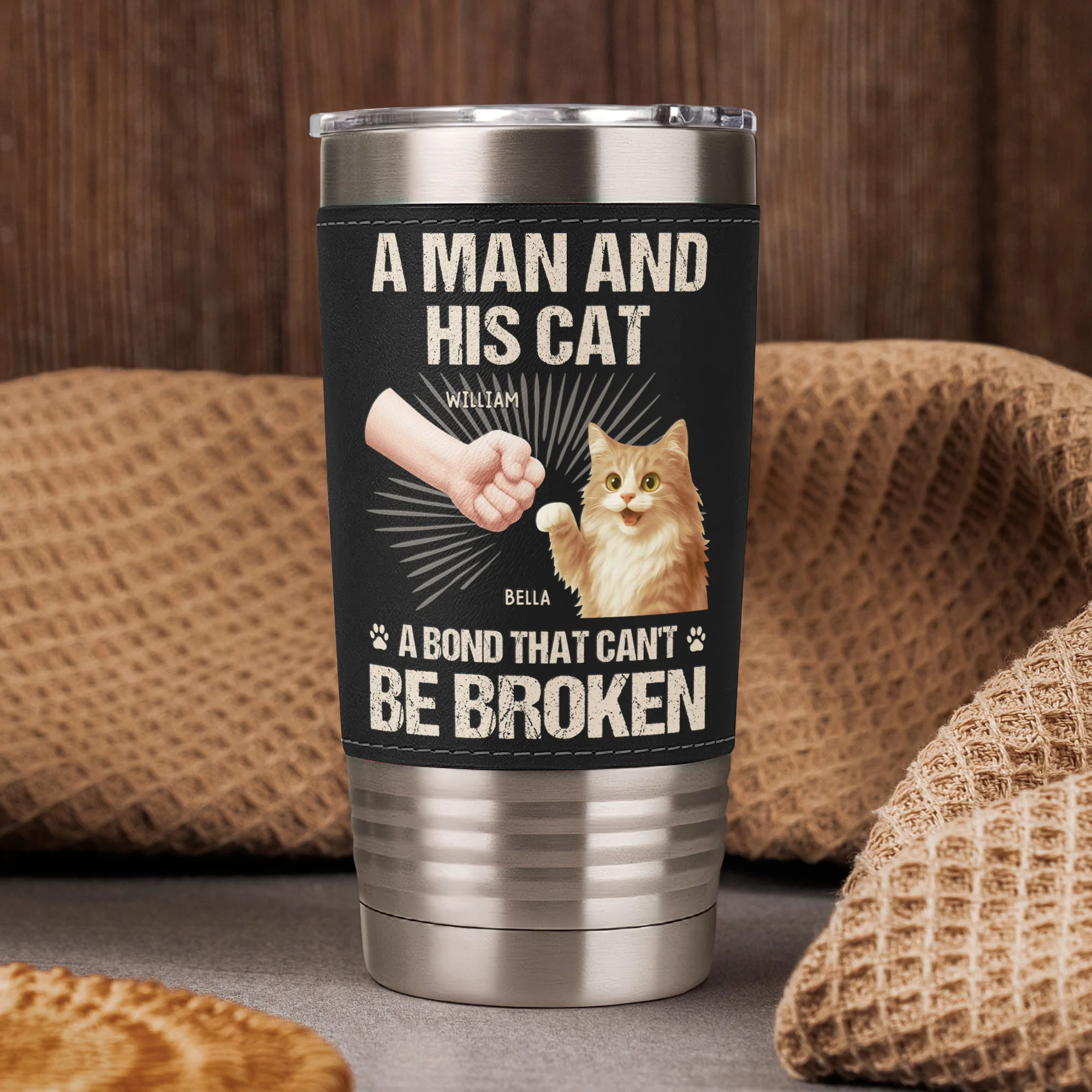 A Man And His Cat A Bond That Can't Be Broken - Personalized 20oz Leather Wrapped Tumbler - Image 2