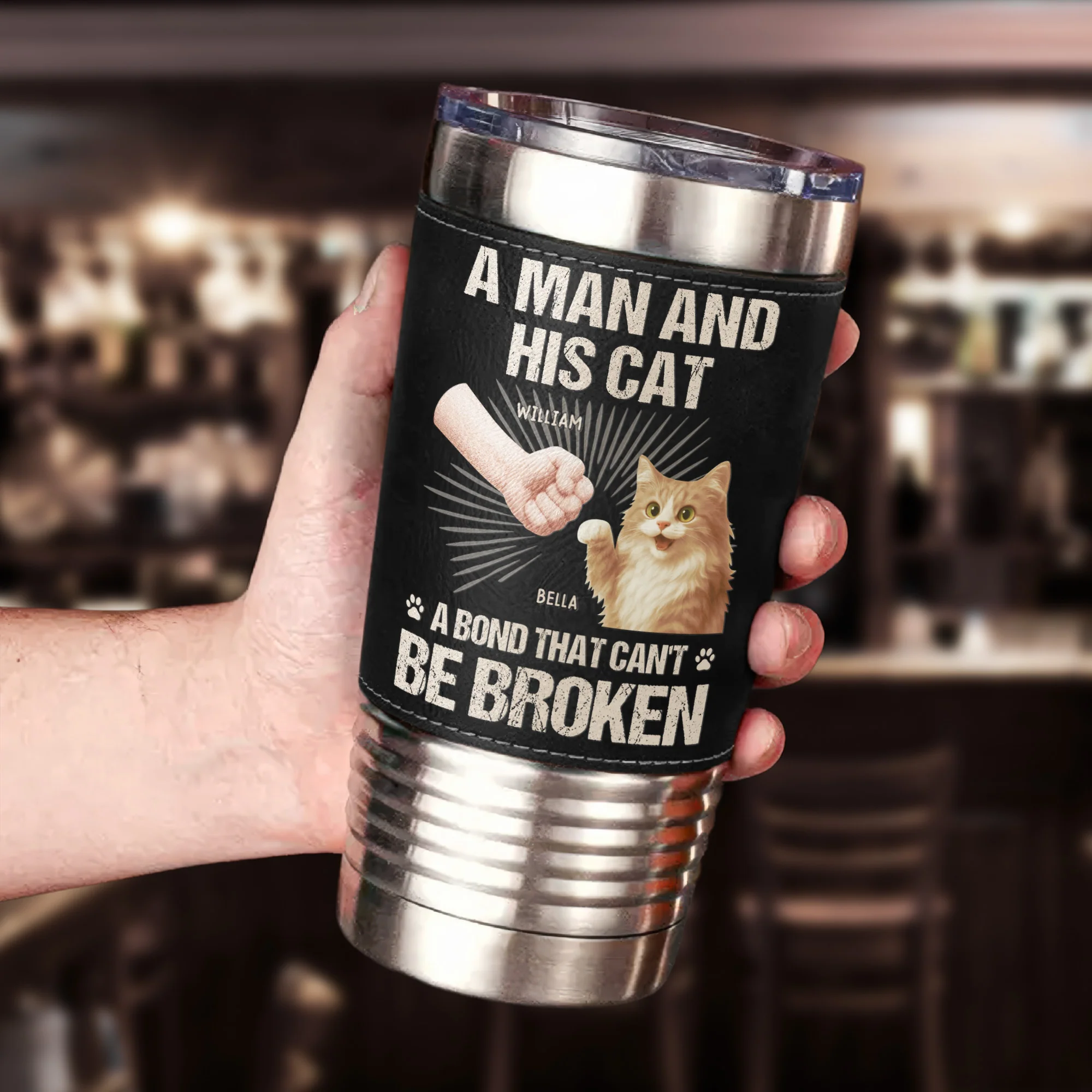 A Man And His Cat A Bond That Can't Be Broken - Personalized 20oz Leather Wrapped Tumbler - Image 4