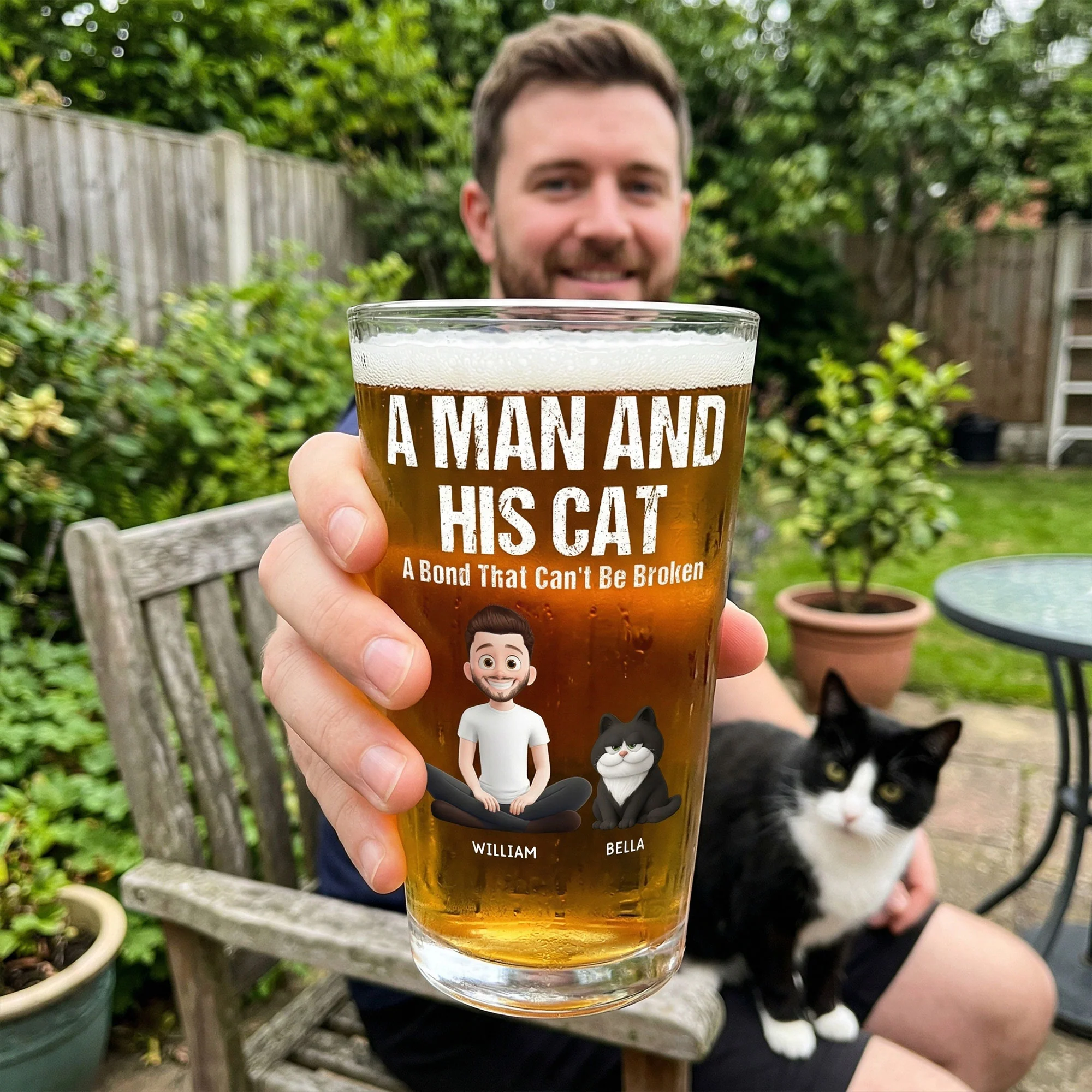 A Man And His Dog Cat - A Bond Can't Be Broken - Personalized Beer Glass - Image 2