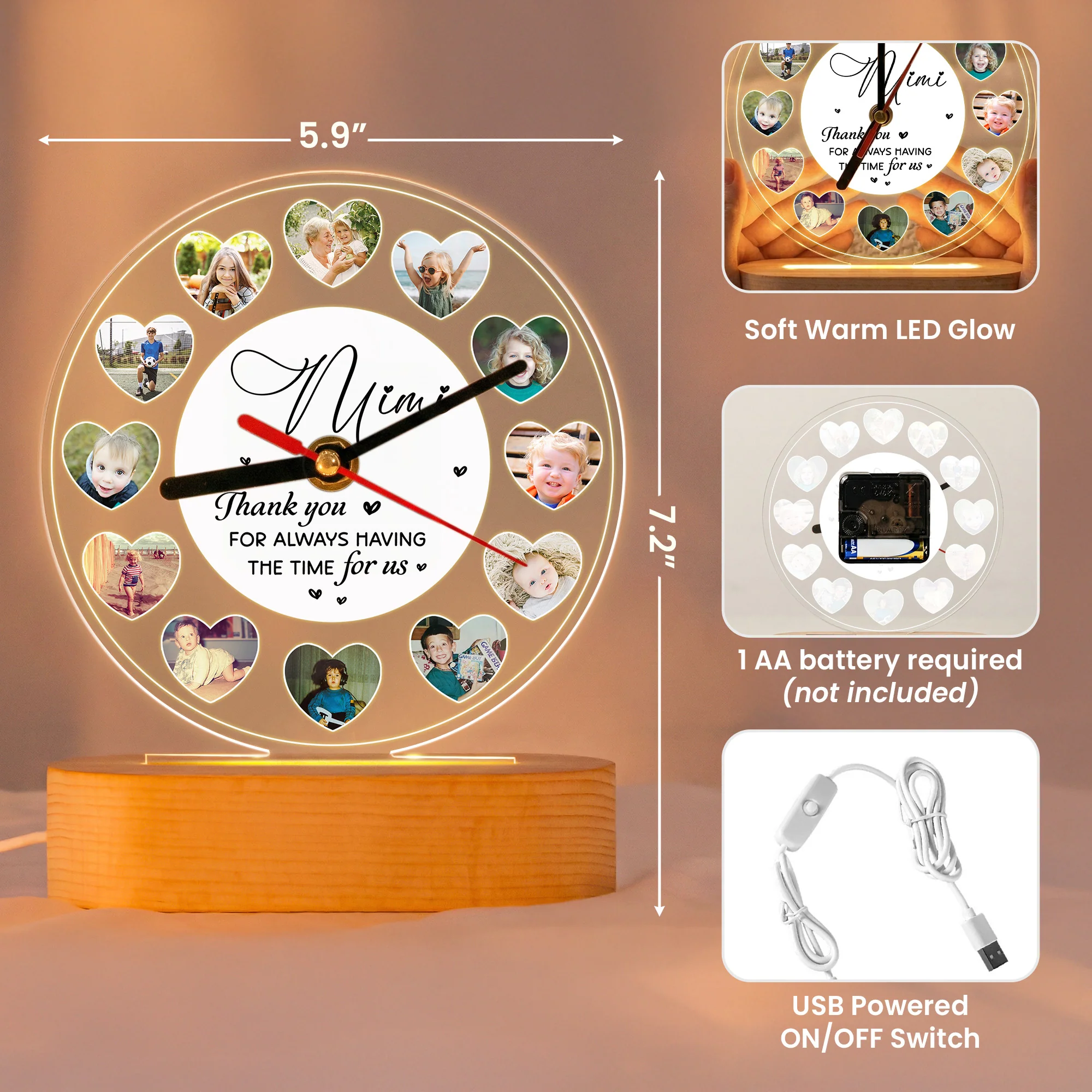 A Meaningful Gift For Grandma With Custom Photos Of Her Grandkids - Personalized Acrylic Photo Desk Clock Light - Image 6