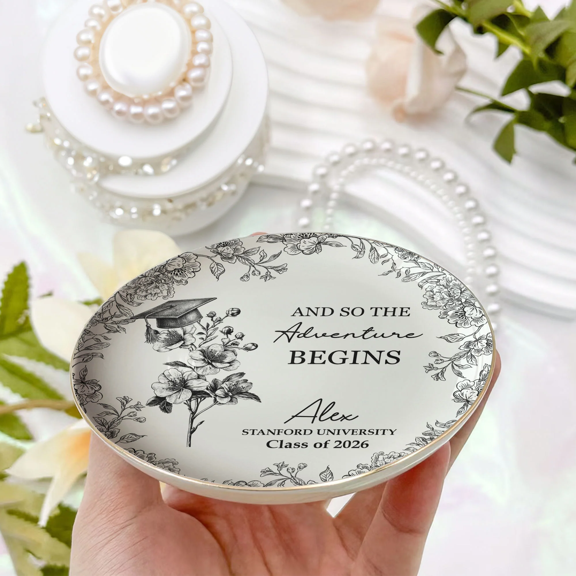 A Sweet Ending To A New Beginning Graduation Gifts For Her - Toile De Jouy Birth Flowers - Personalized Jewelry Dish - Image 5