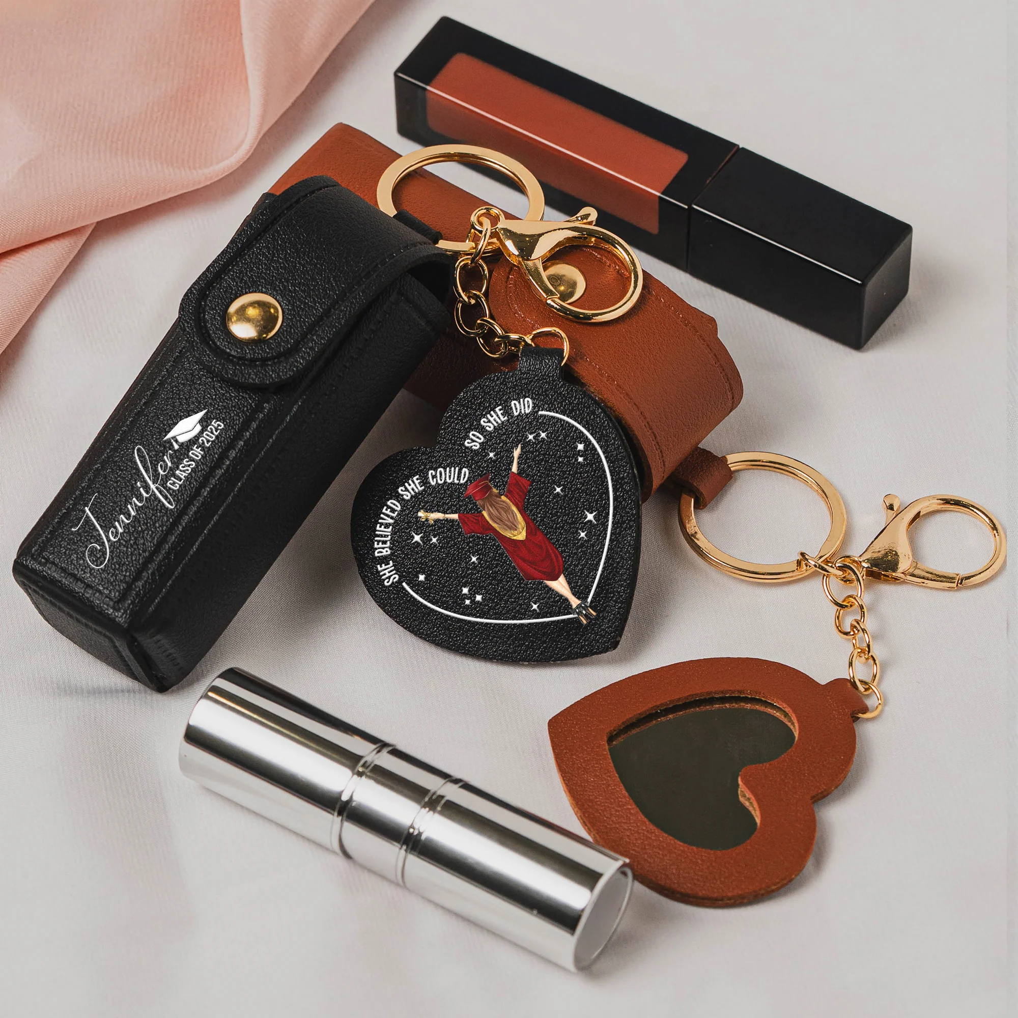 A Sweet Ending To A New Beginning Graduation Gifts - Personalized Leather Lipstick Case With Mirror Keychain - Image 2