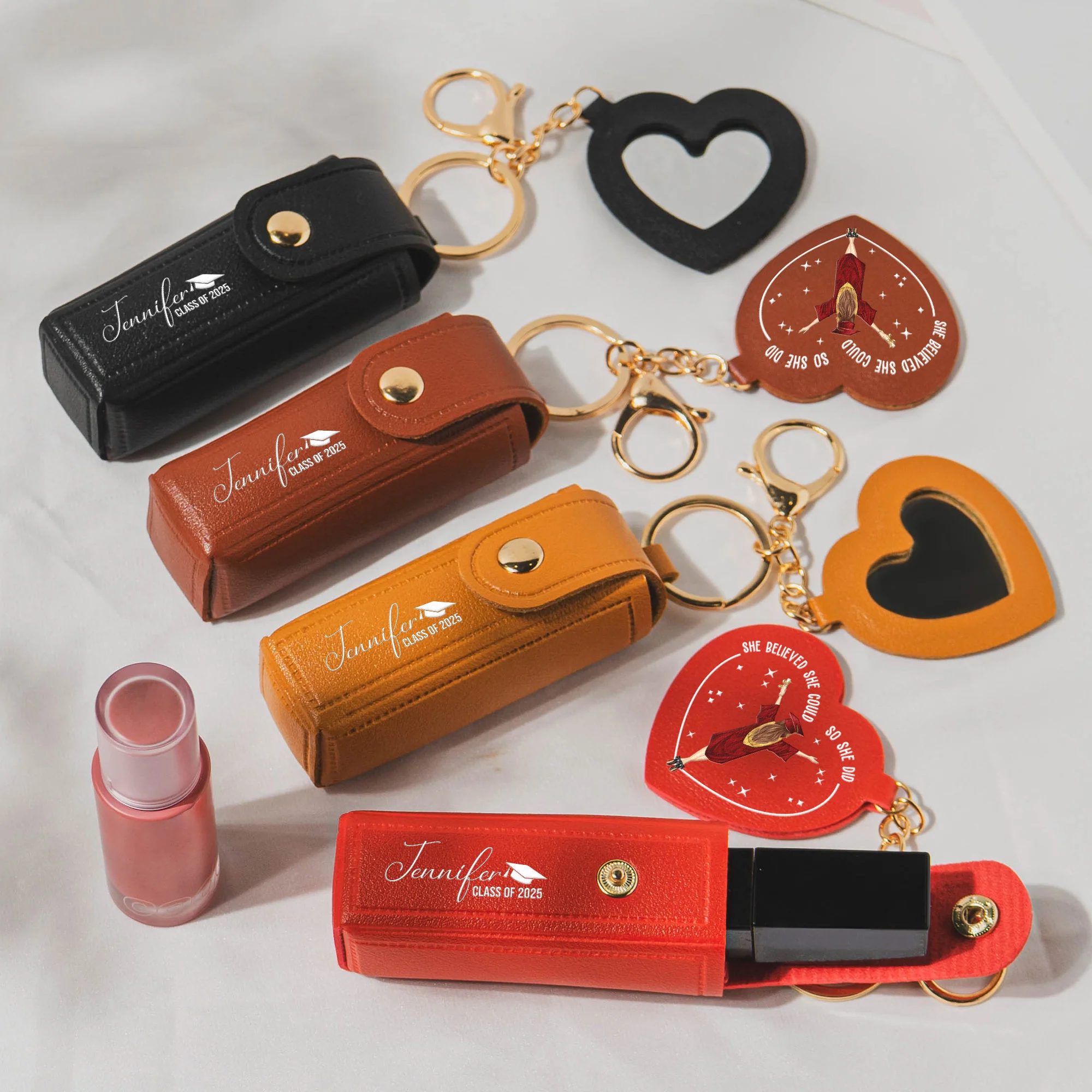 A Sweet Ending To A New Beginning Graduation Gifts - Personalized Leather Lipstick Case With Mirror Keychain - Image 4
