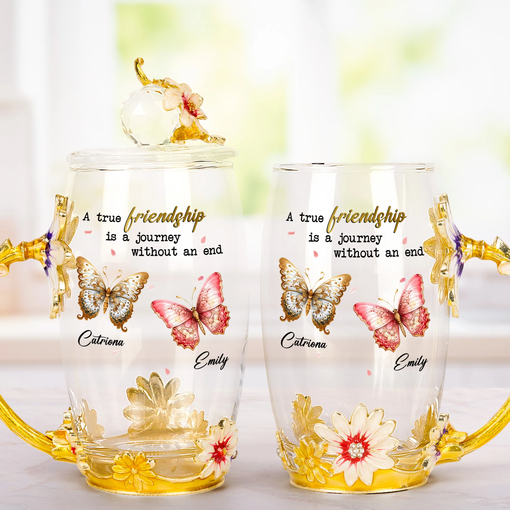 A True Friendship Is A Journey Without An End - Personalized Enamel Flower Tea Cup - Image 2