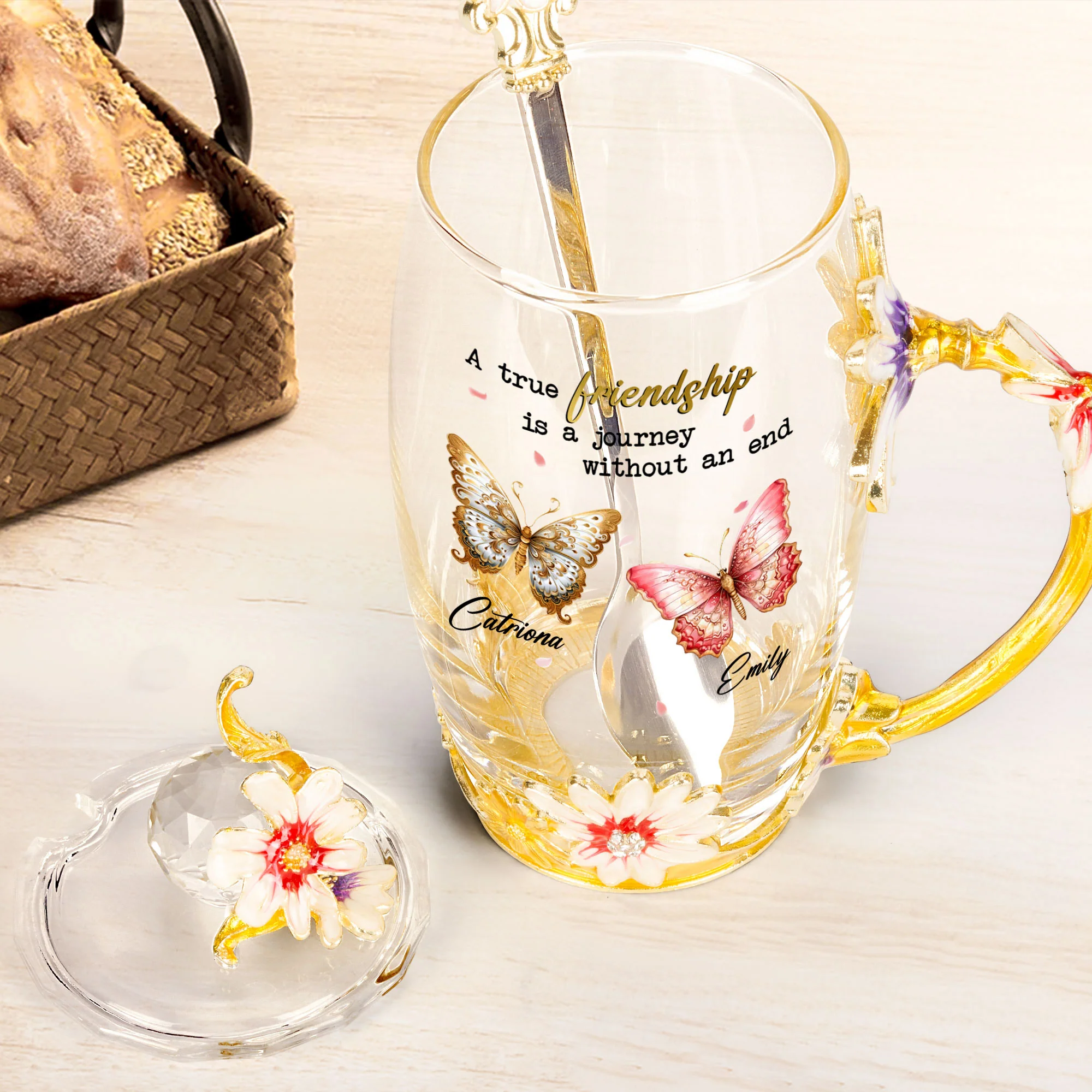A True Friendship Is A Journey Without An End - Personalized Enamel Flower Tea Cup - Image 3