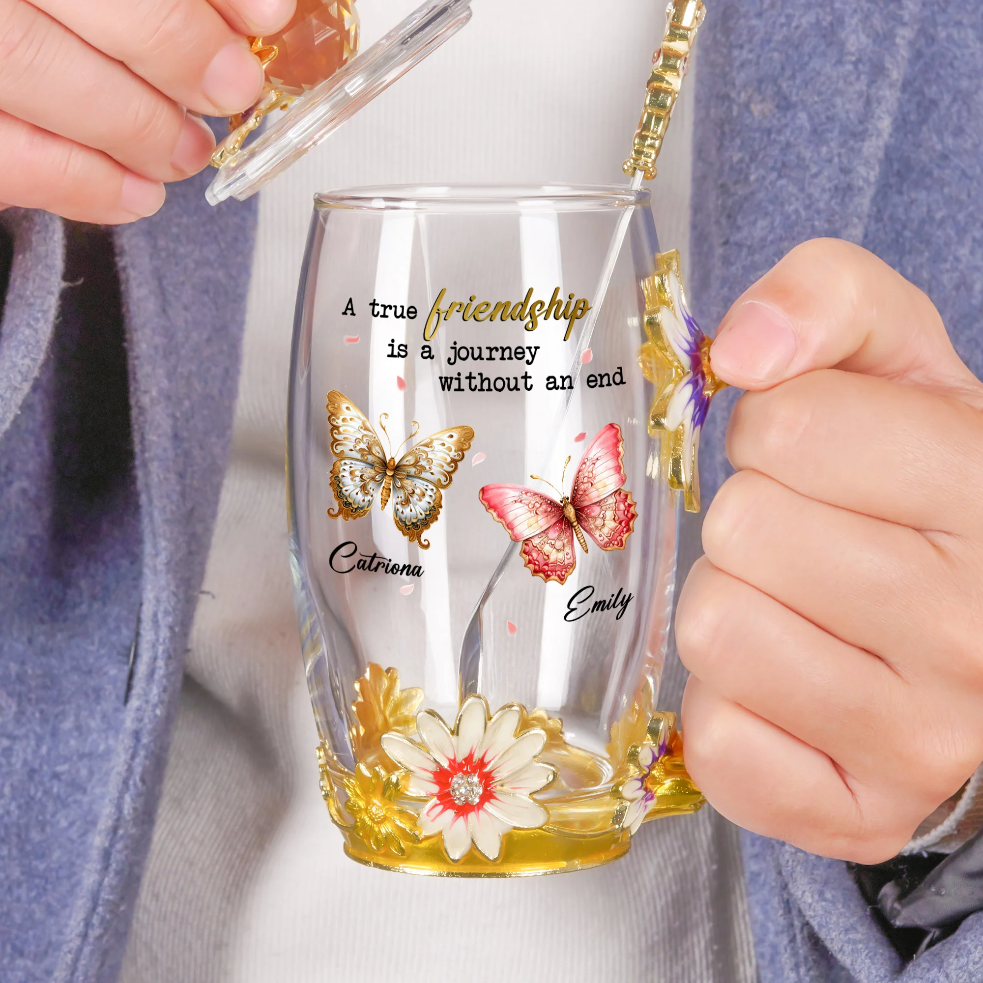 A True Friendship Is A Journey Without An End - Personalized Enamel Flower Tea Cup - Image 4