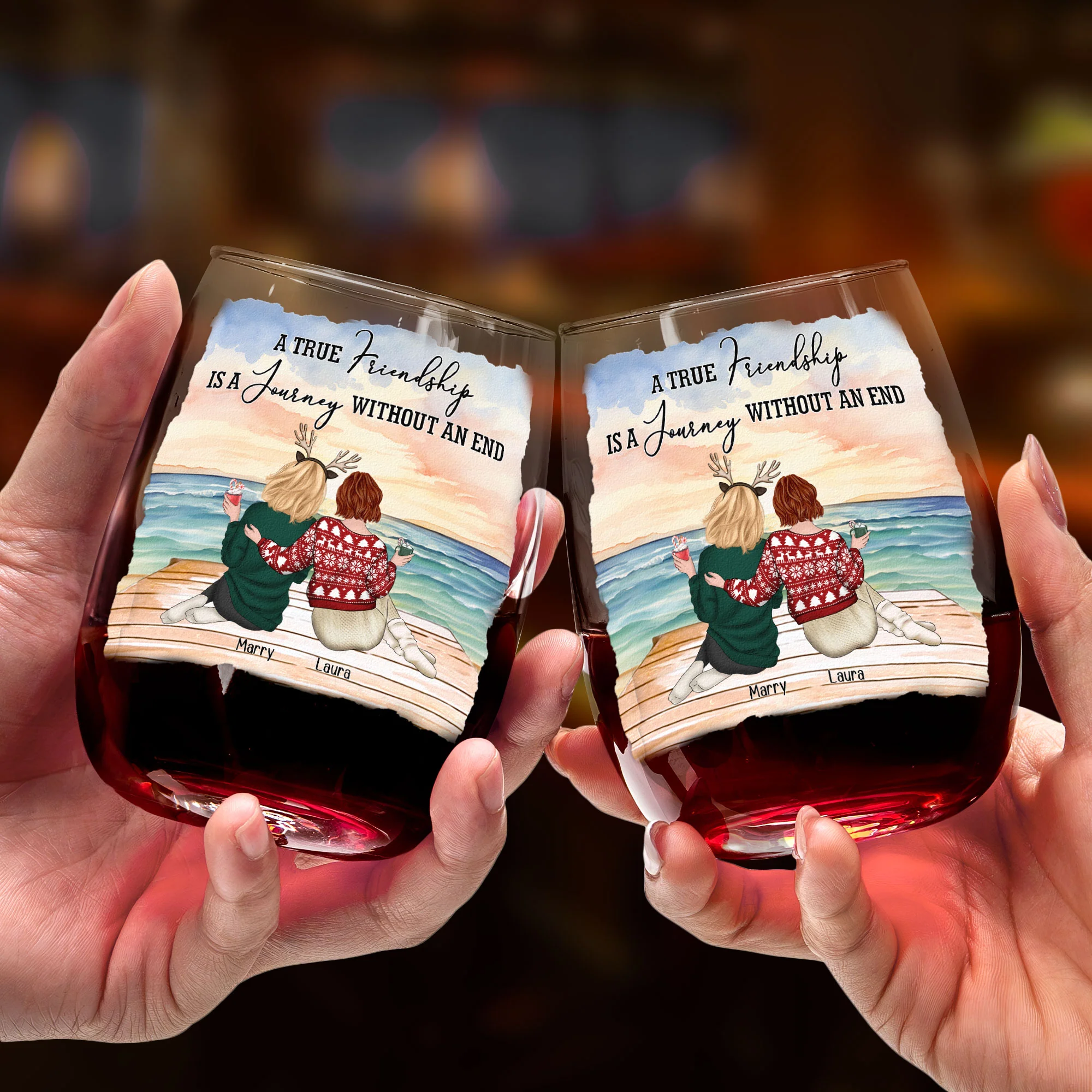 A True Friendship Is A Journey Without An End - Personalized Stemless Wine Glass - Image 2
