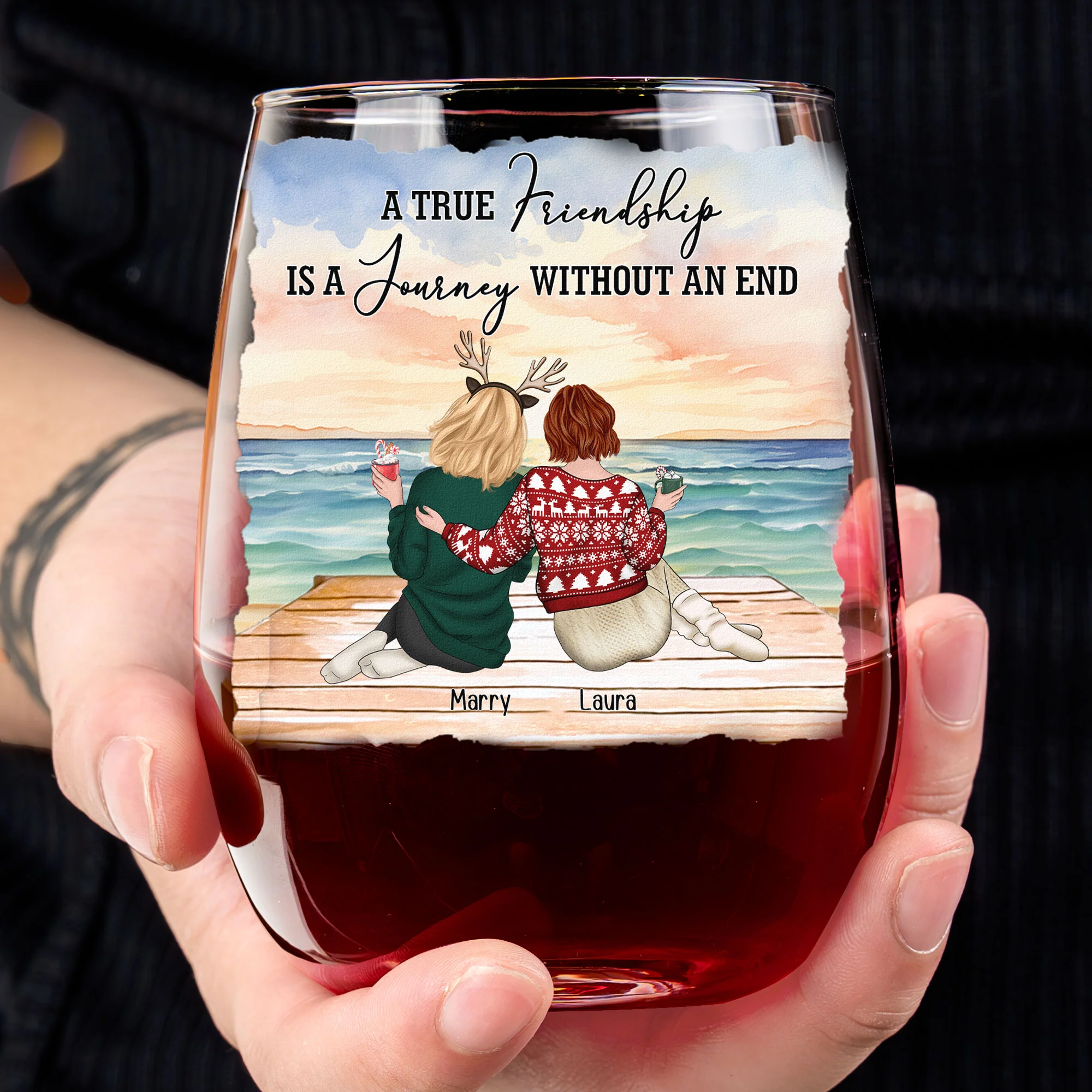 A True Friendship Is A Journey Without An End - Personalized Stemless Wine Glass - Image 3