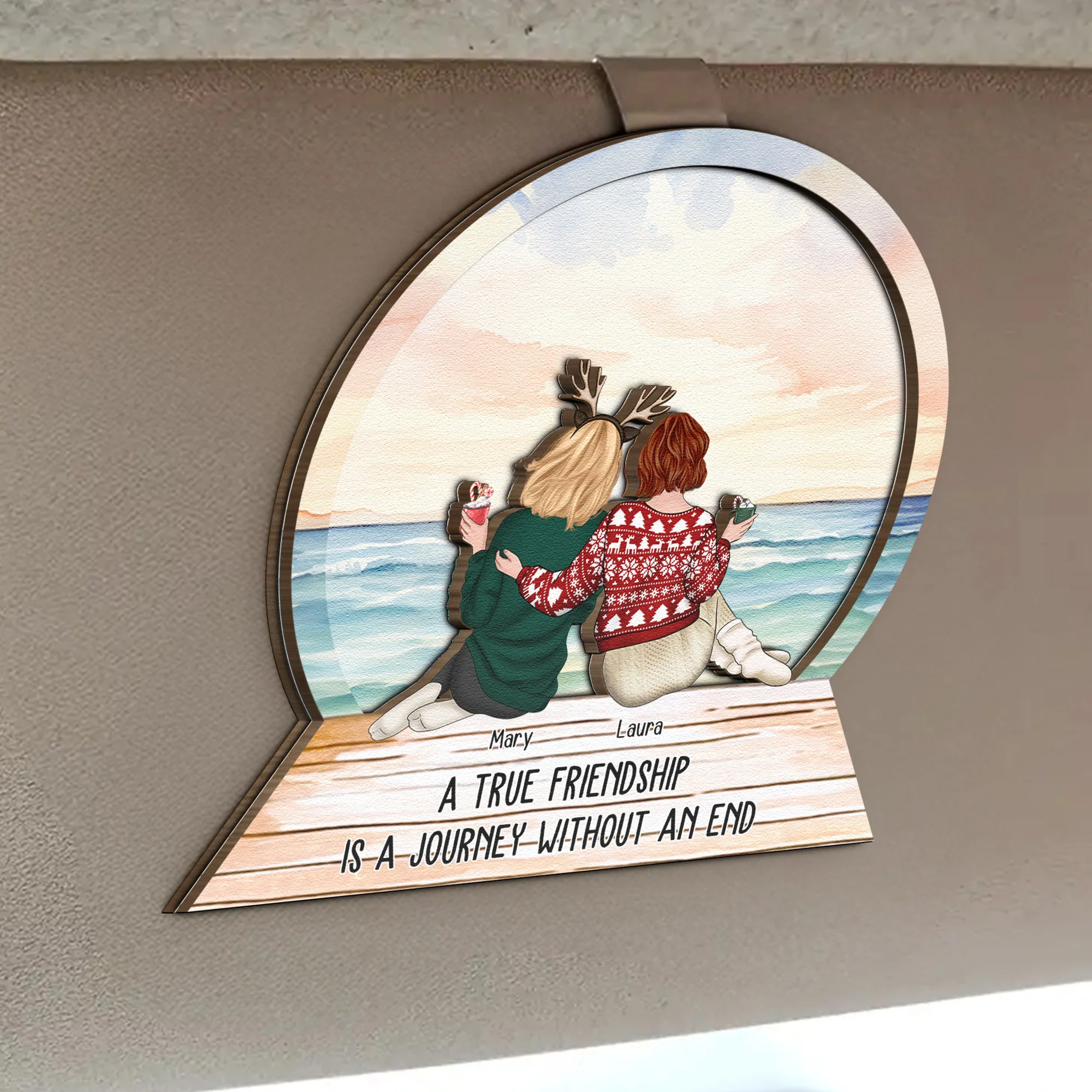 A True Friendship Is A Journey Without An End - Personalized Wooden Car Visor Clip - Image 2