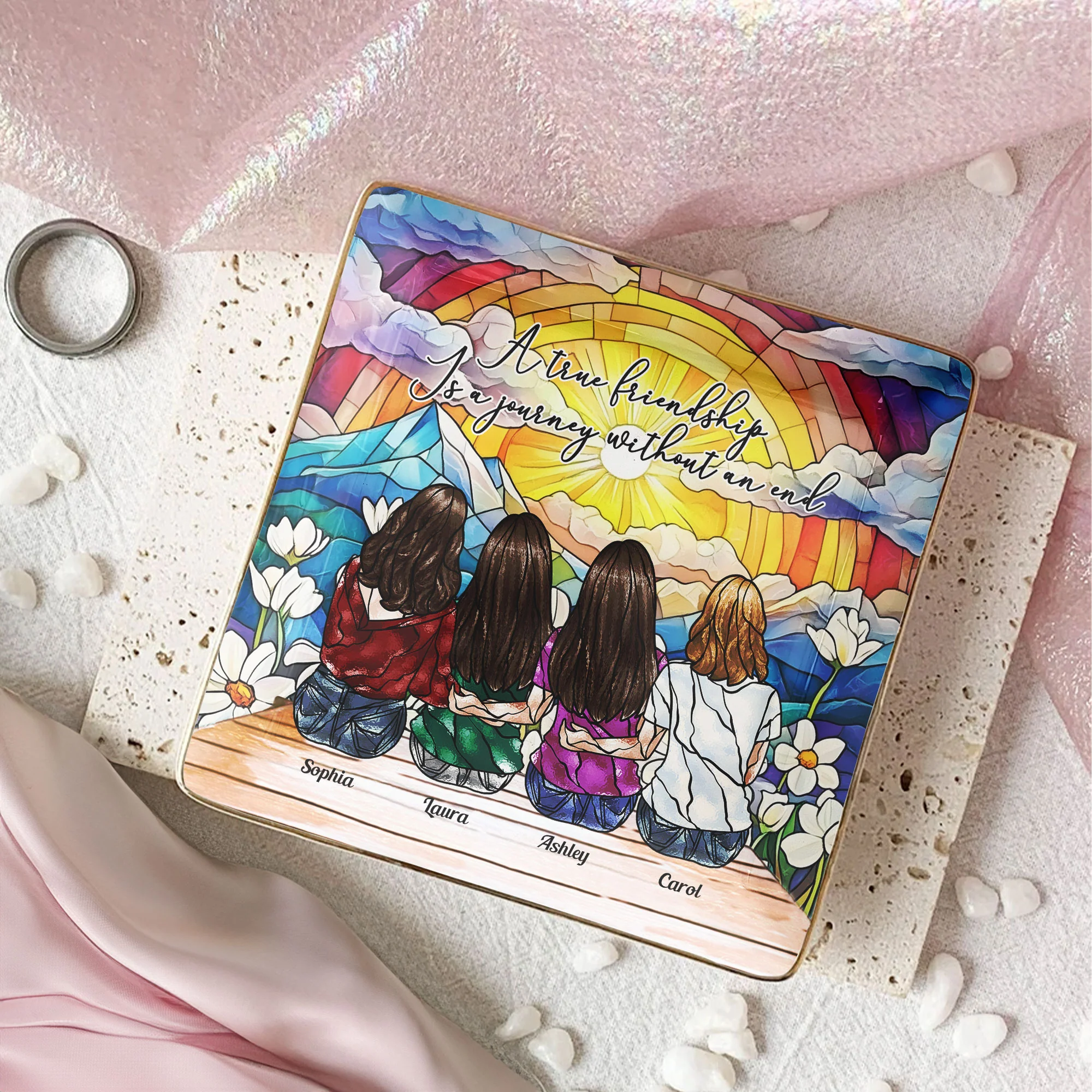 A True Friendship Is A Journey Without An End Stained Glass Style - Personalized Jewelry Dish - Image 2