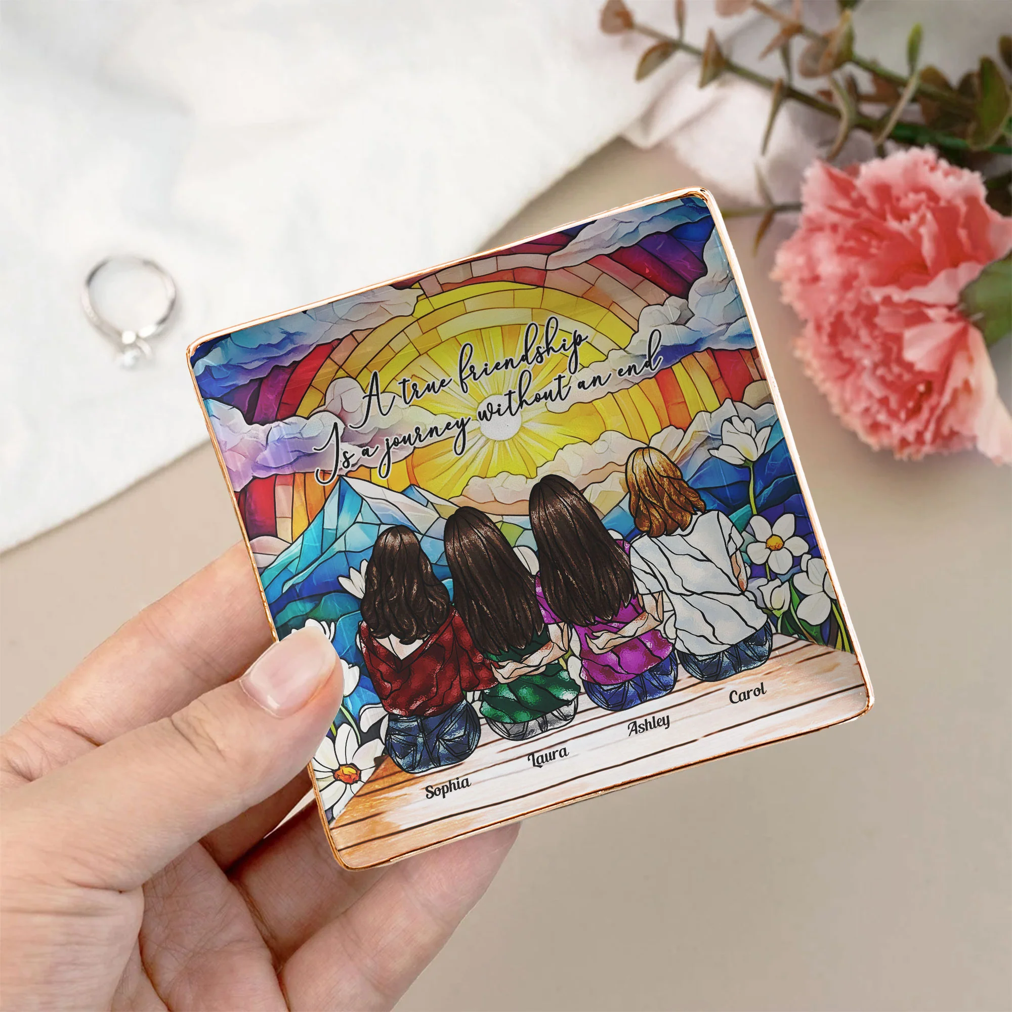 A True Friendship Is A Journey Without An End Stained Glass Style - Personalized Jewelry Dish - Image 3