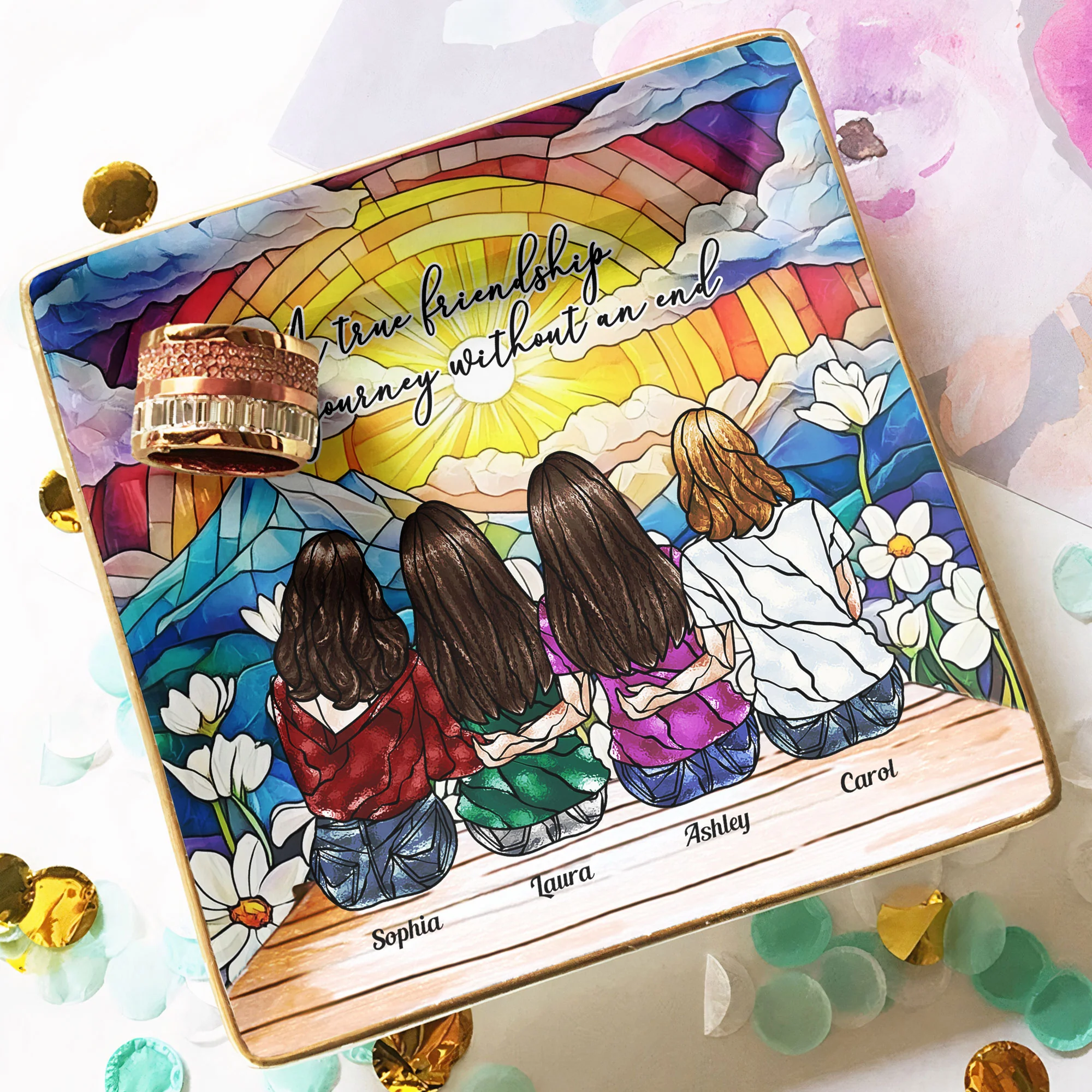 A True Friendship Is A Journey Without An End Stained Glass Style - Personalized Jewelry Dish - Image 4