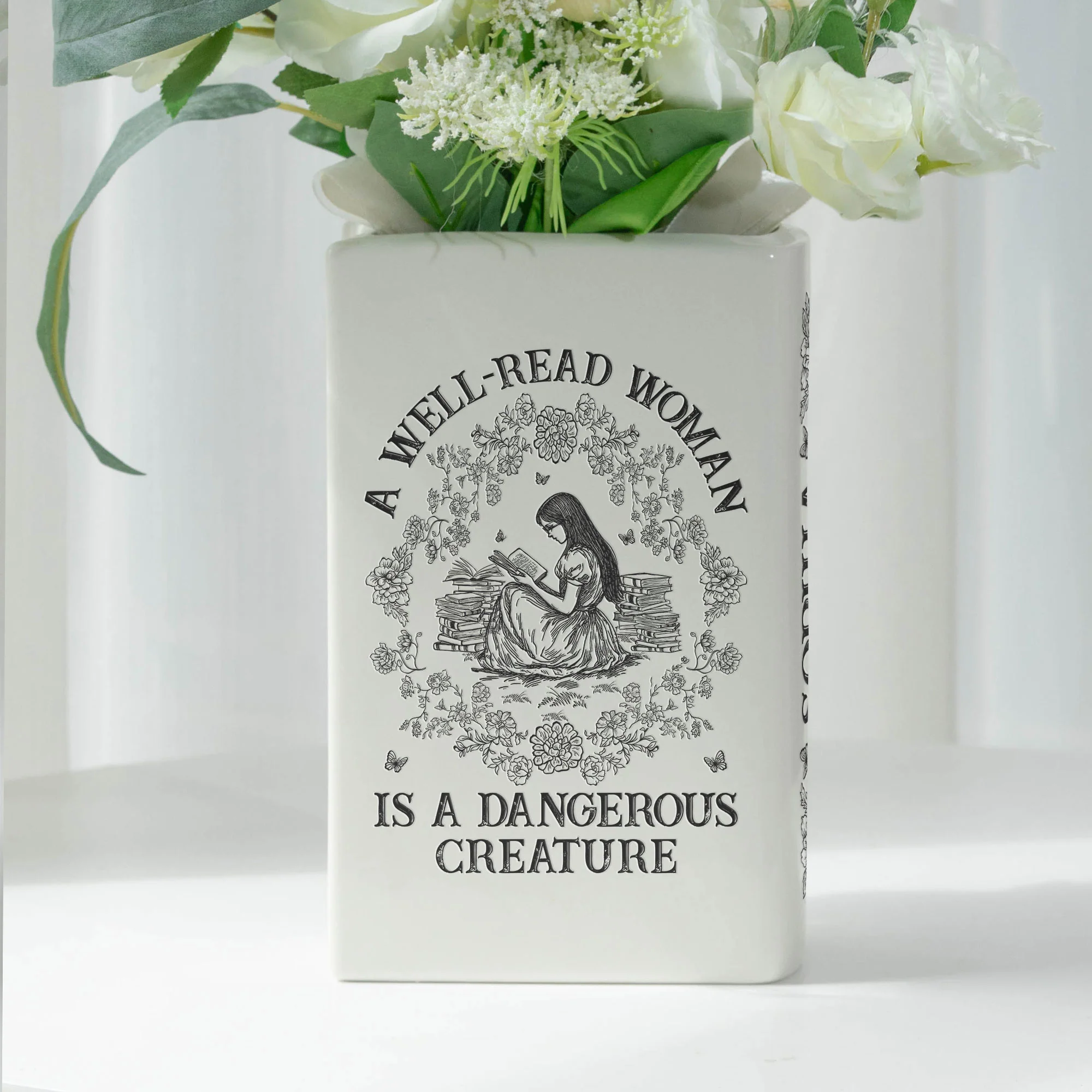 A Well-Read Woman Is A Dangerous Creature - Personalized Ceramic Book Vase - Image 2