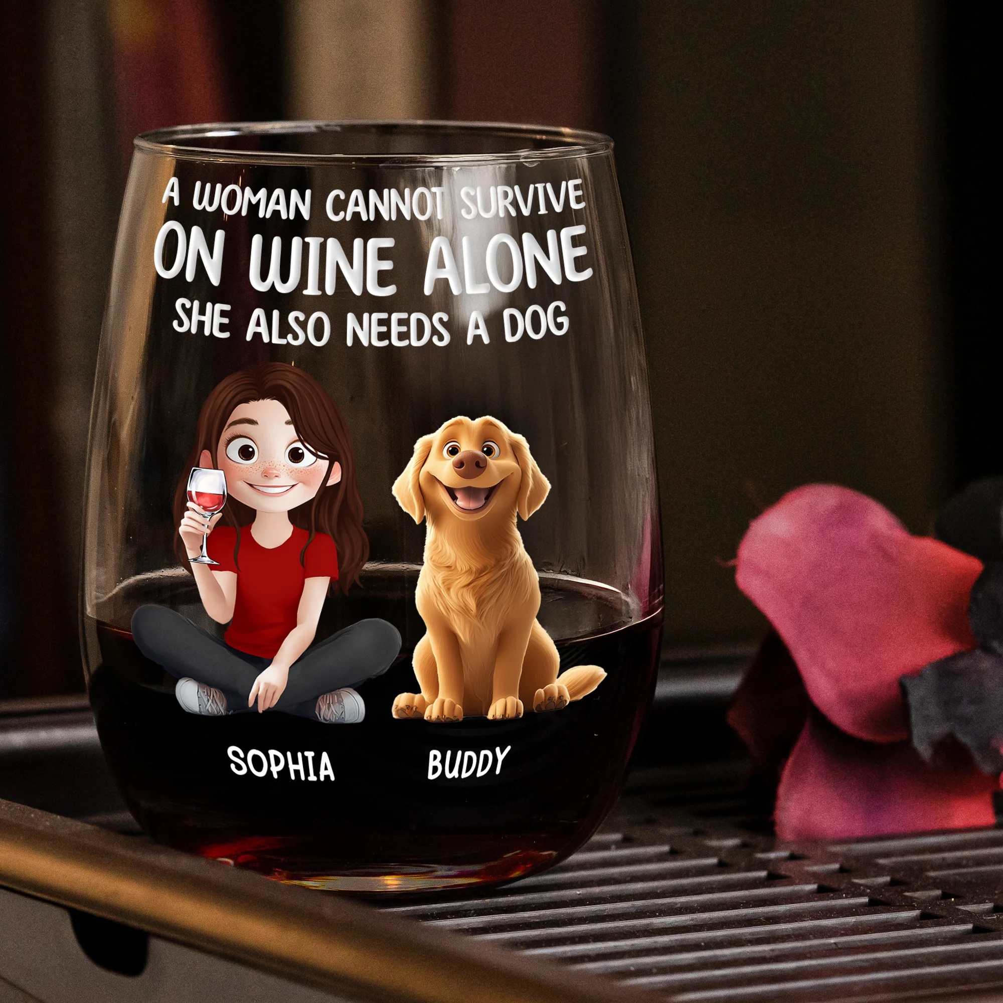 A Woman Cannot Survive On Wine Alone - Personalized Stemless Wine Glass - Image 3