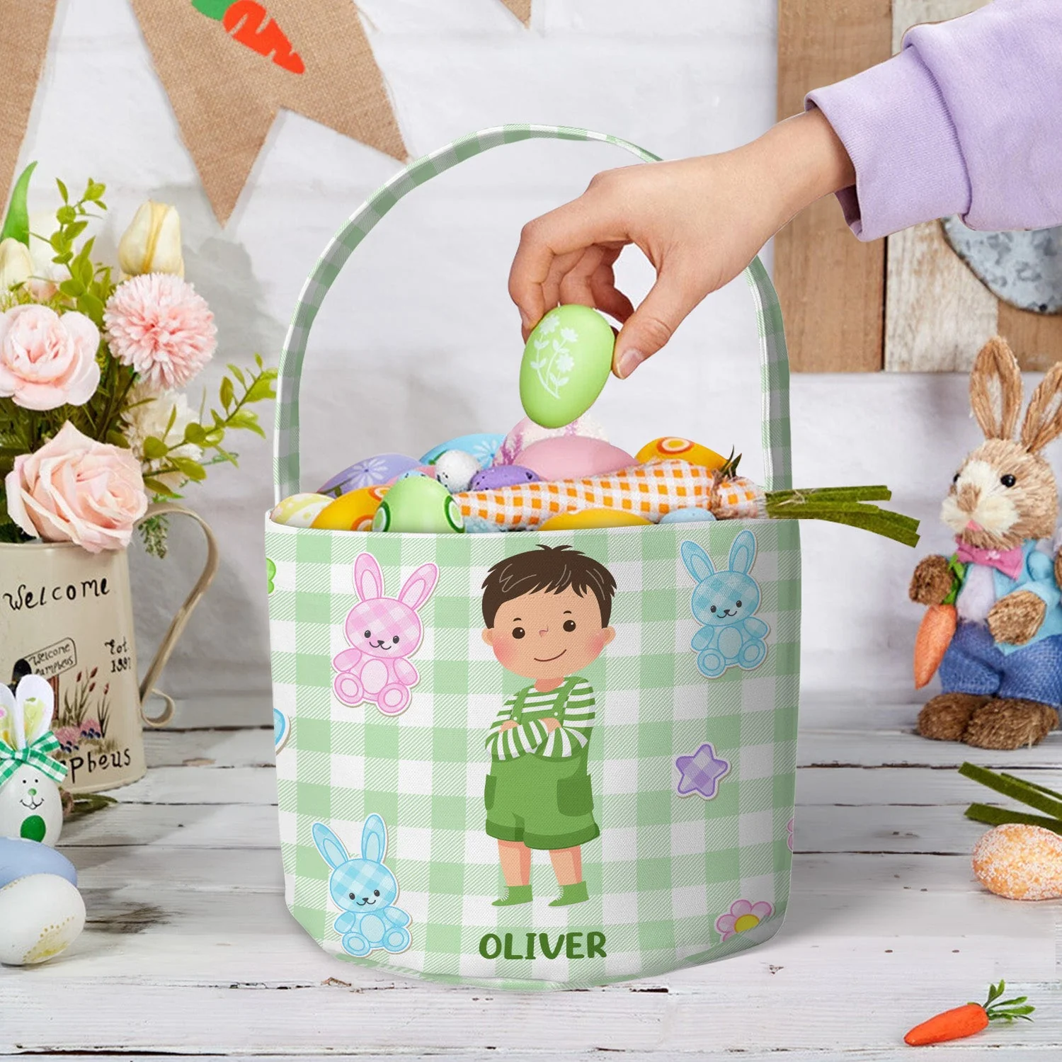 Adorable Kids Easter Basket With Eggs And Bunny - Personalized Easter Basket - Image 3