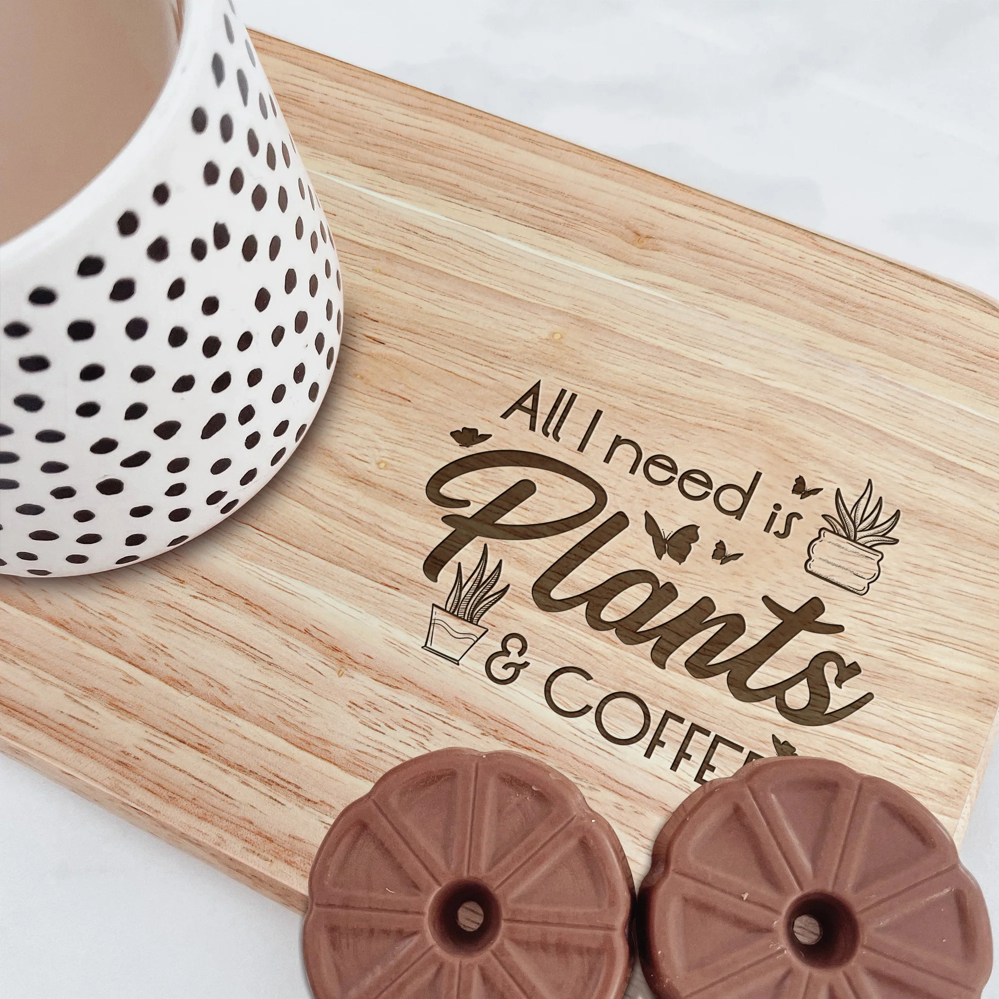 All I Need Is Plants And Coffee - Custom Engraved Wooden Tea & Biscuit Board - Image 2