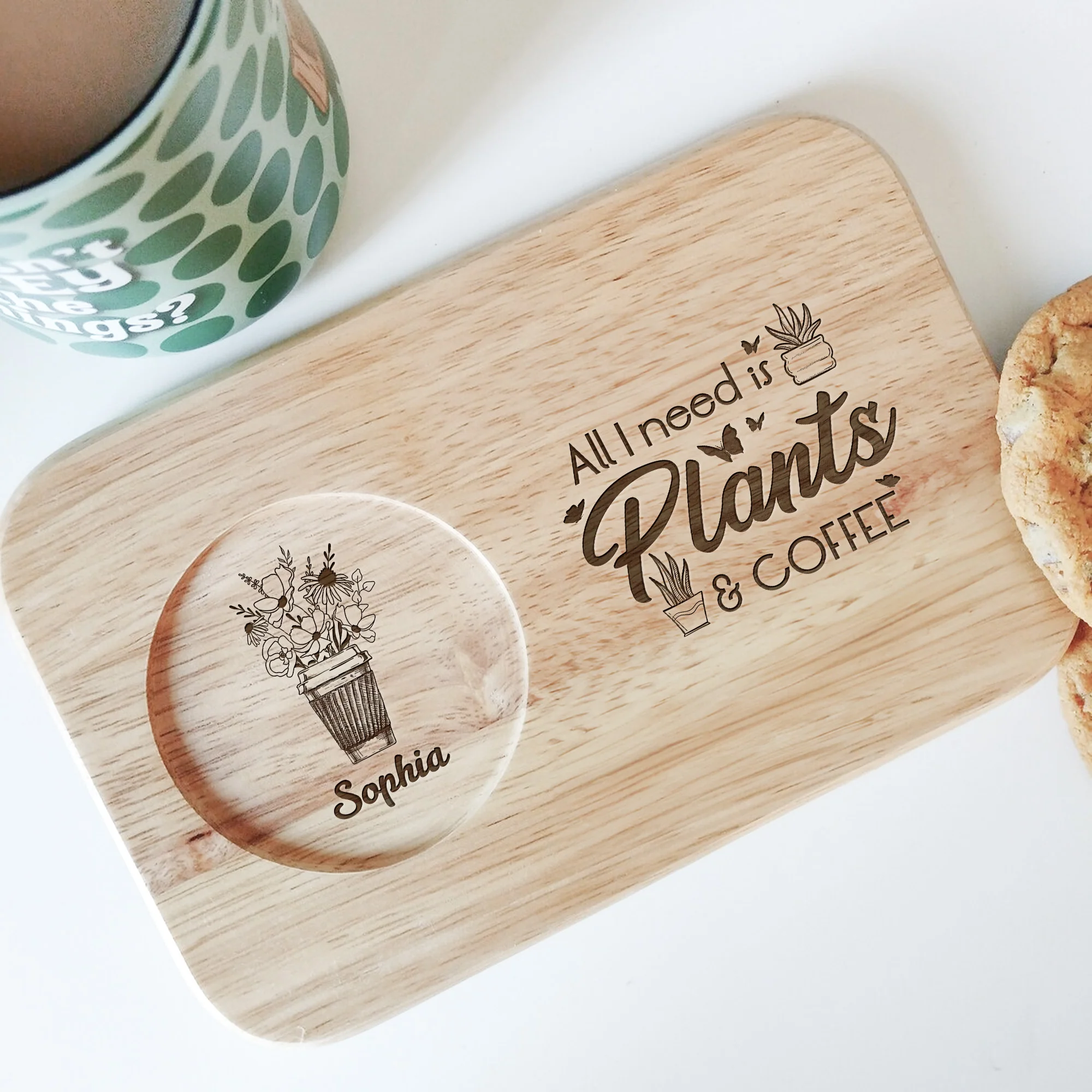 All I Need Is Plants And Coffee - Custom Engraved Wooden Tea & Biscuit Board - Image 3