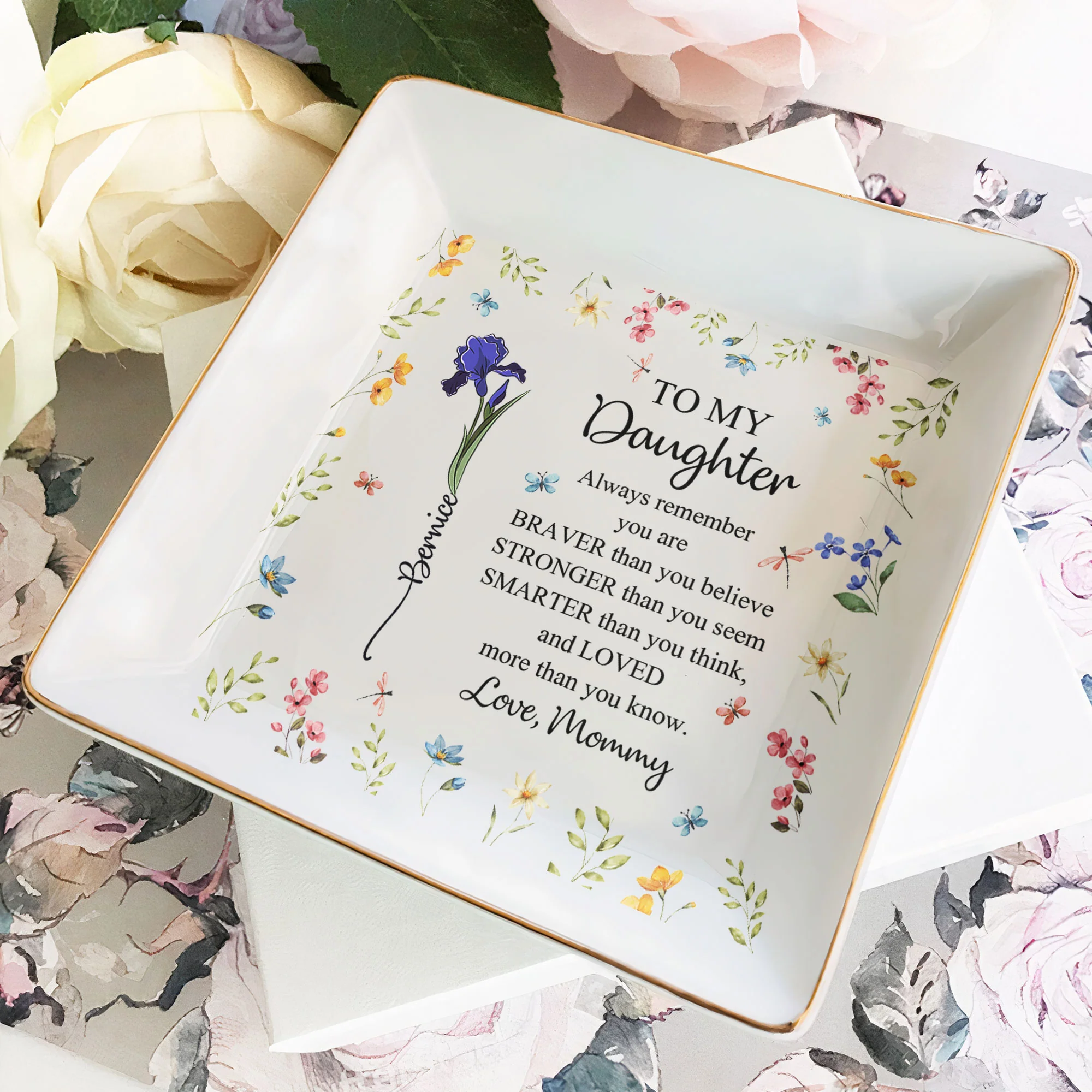 Always Remember You Are Braver Than You Believe Birth Flowers - Personalized Jewelry Dish - Image 2