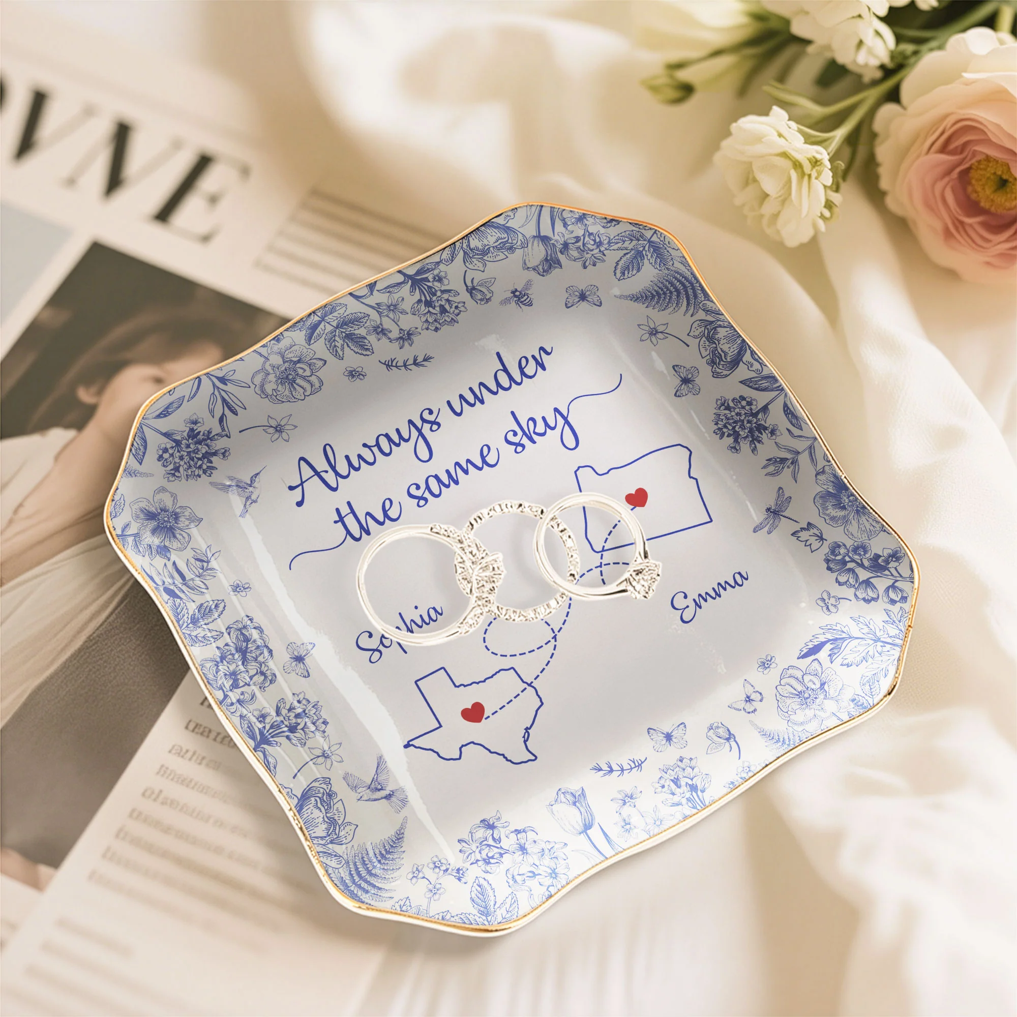 Always Under The Same Sky - Personalized Lace Square Jewelry Dish - Image 2