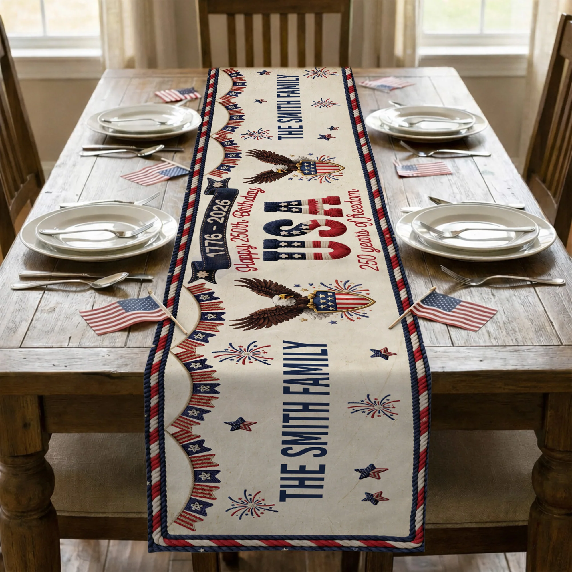America 250Th Anniversary Faux Pattern - Personalized Table Runner - Image 2