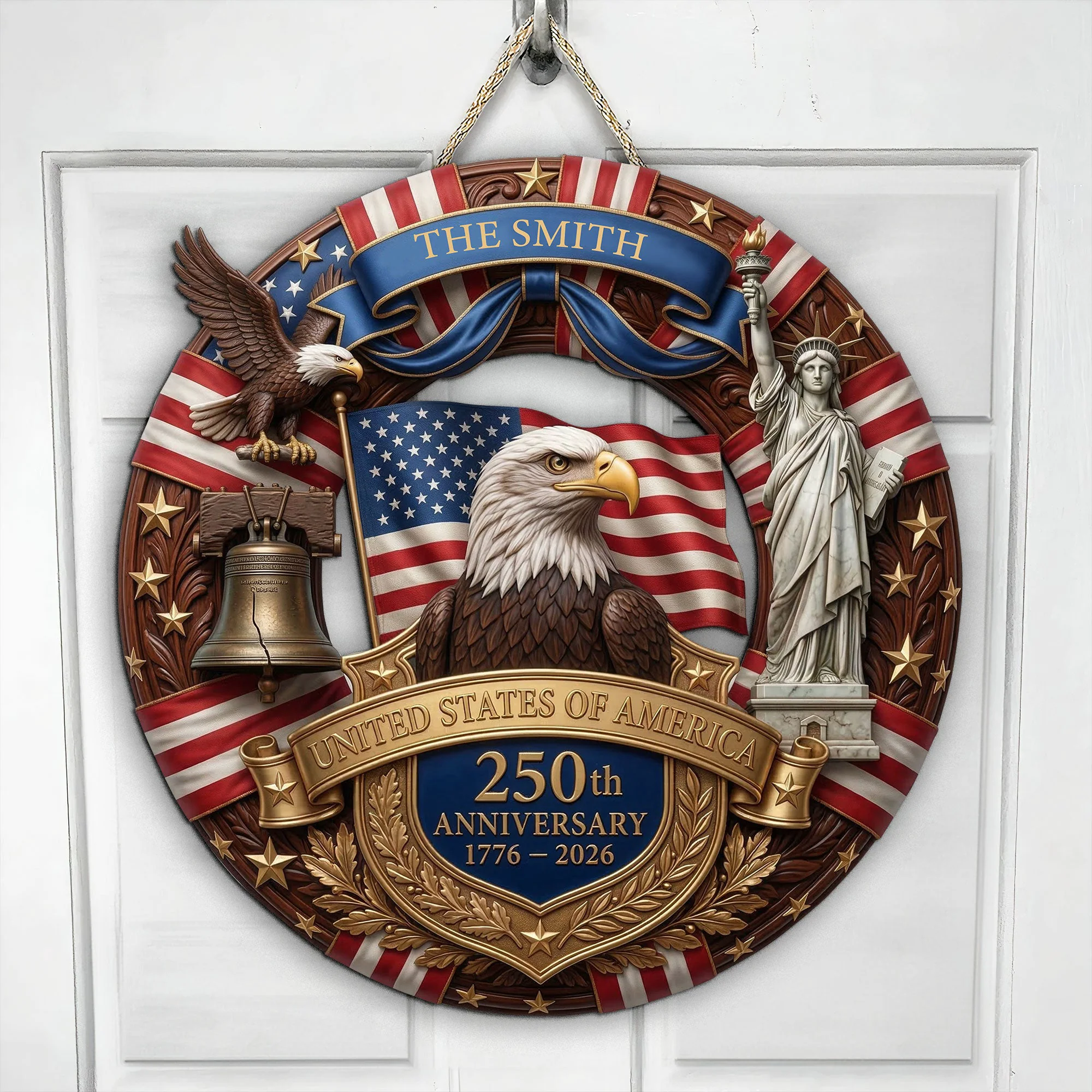 America 250th Anniversary Gifts For Mom, Dad Faux Pattern - Personalized Wood Sign - Image 4