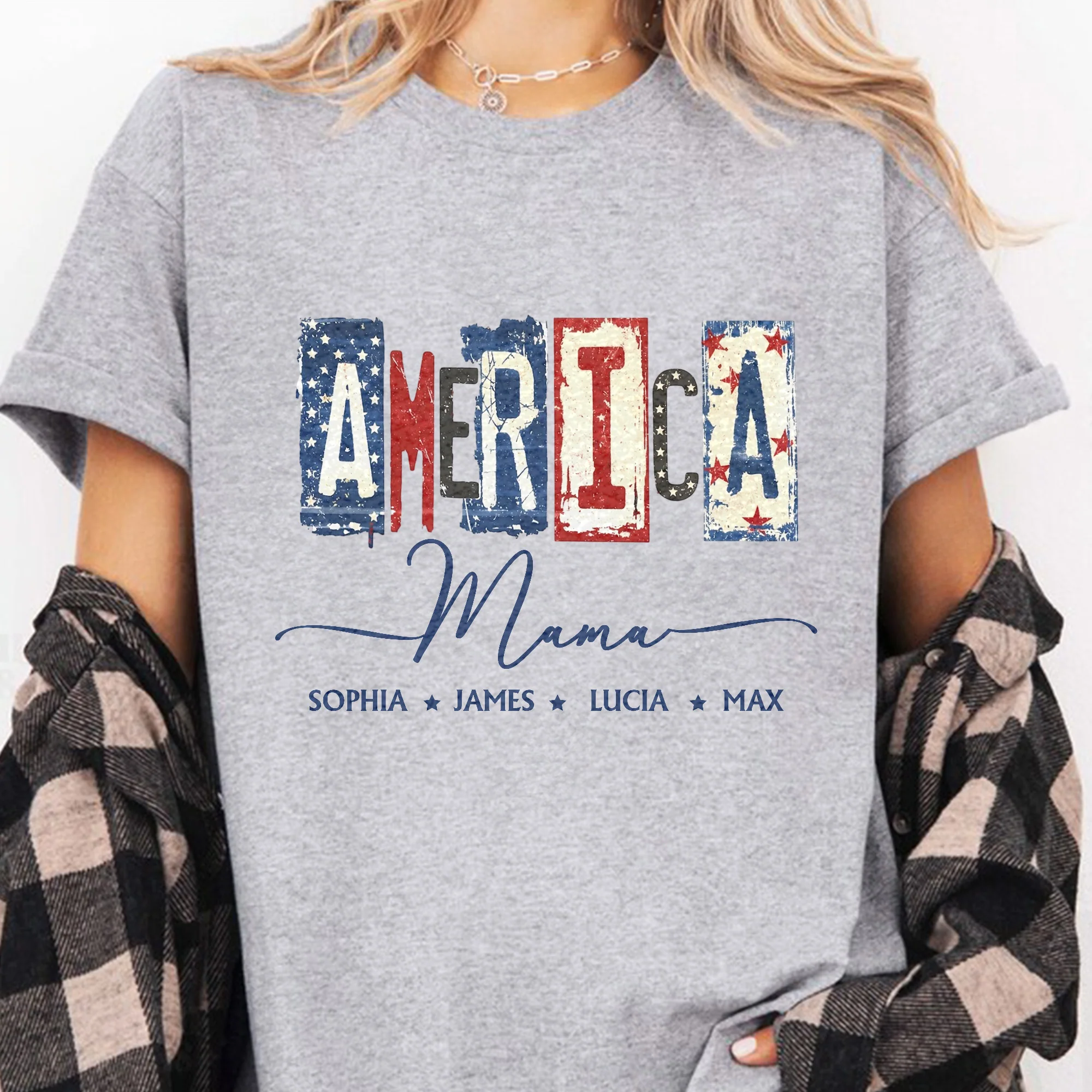 America Mama, Nana Retro American Flag - Personalized Shirt - Image 3