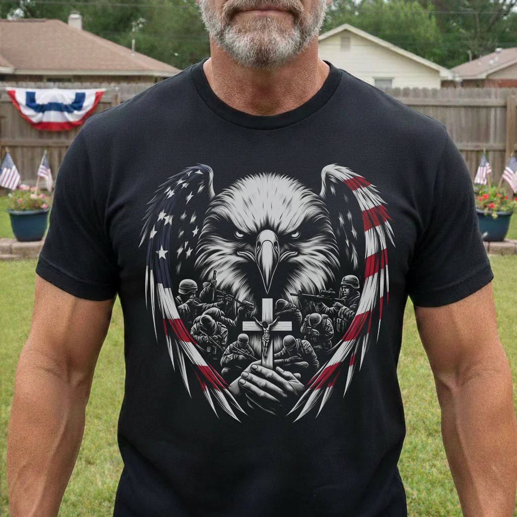 American Eagle Wings & Soldiers Praying Cross - Shirt - Image 2