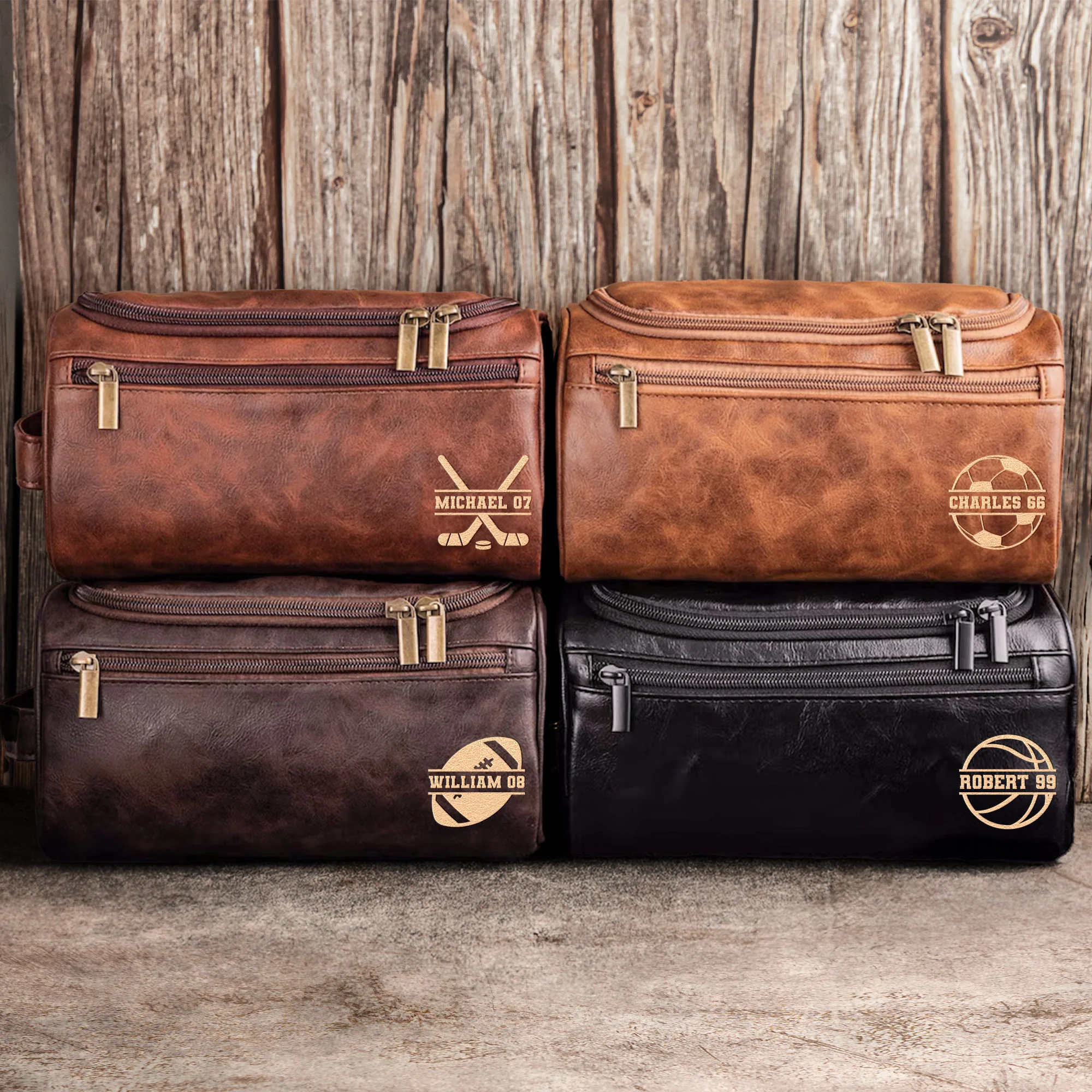 American Football Custom Name - Personalized Leather Toiletry Bag - Image 3