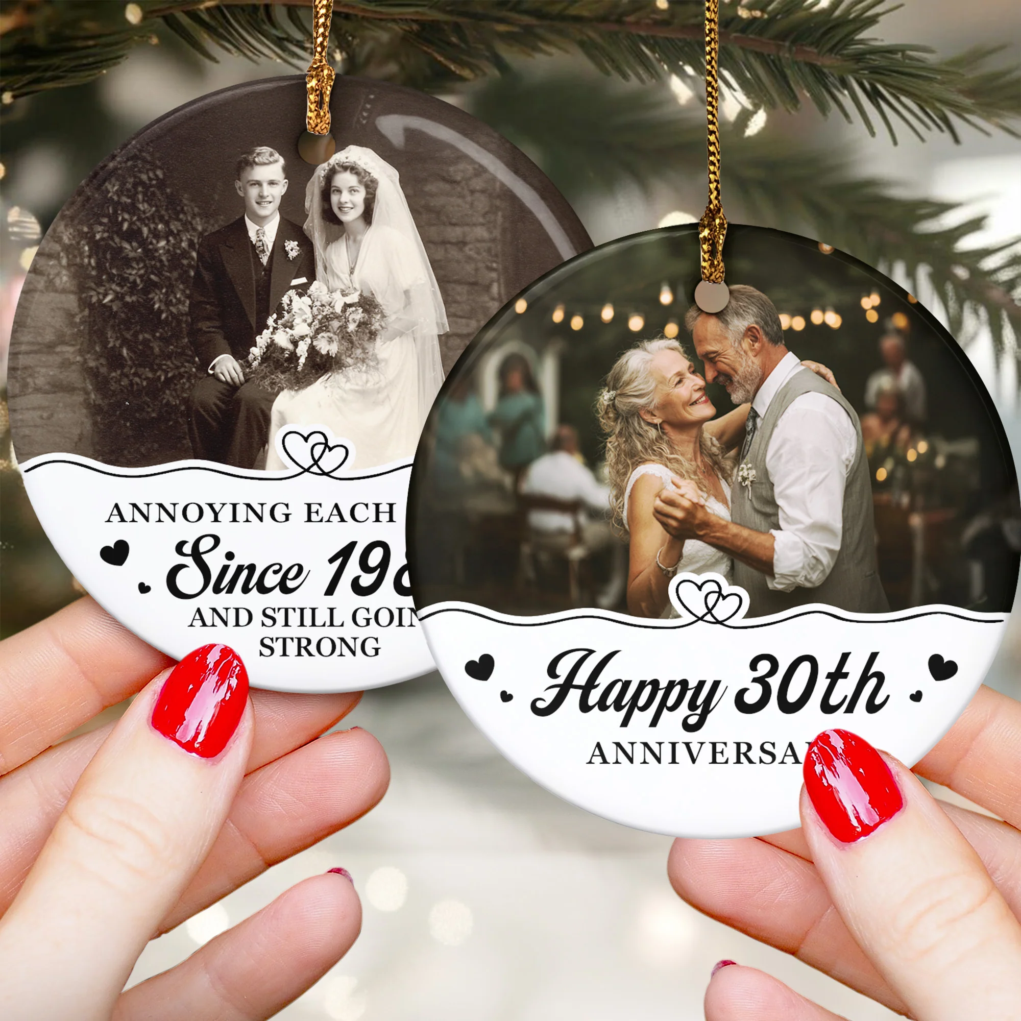 Anniversary Christmas Annoying Each Other Since & Still Going Strong - Personalized Two-Sided Ceramic Photo Ornament - Image 5